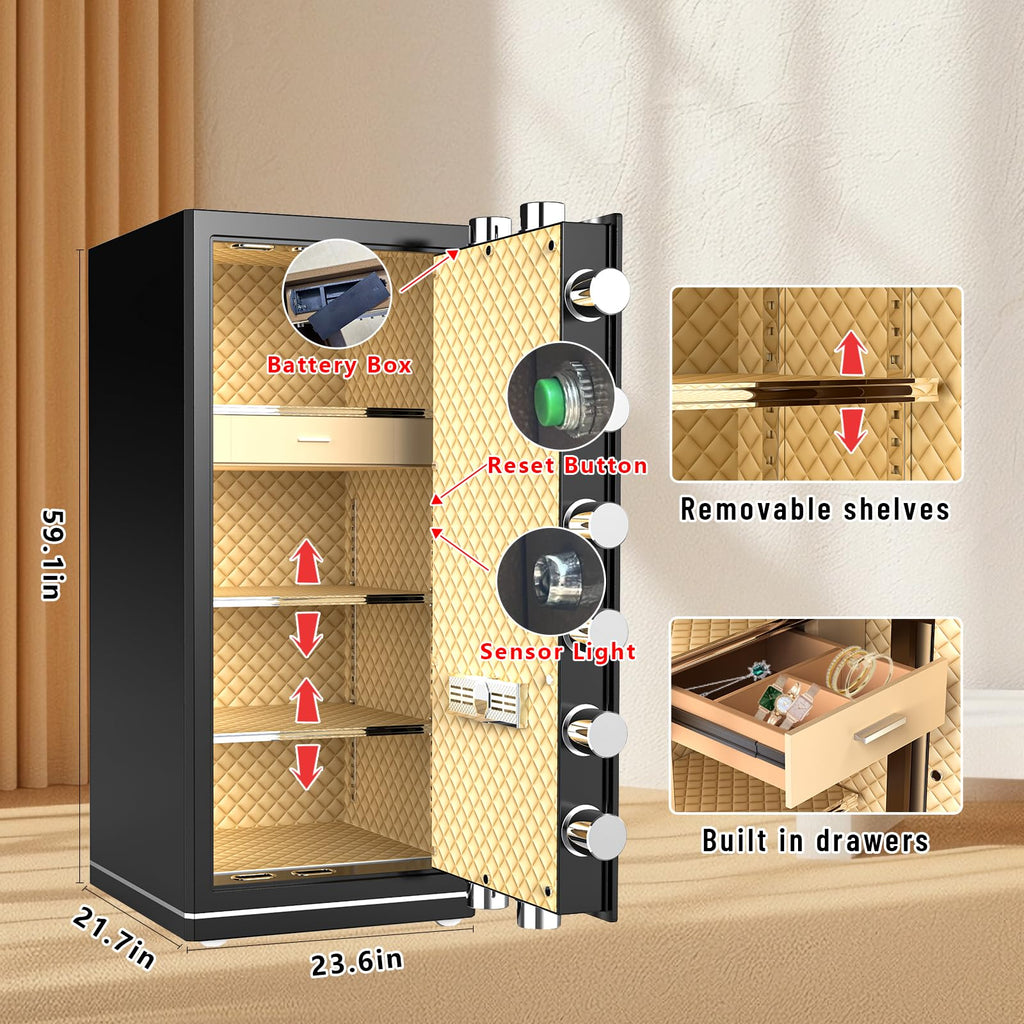 [2025 New Wifi Smart Safe]FABAO 17.5 Cu.Ft.Extra Large Home Safe,Heavy Duty Digital Security Safe with Built-In Drawer and Removable Shelves,Waterproof and Fireproof Safe for Home Hotel Office