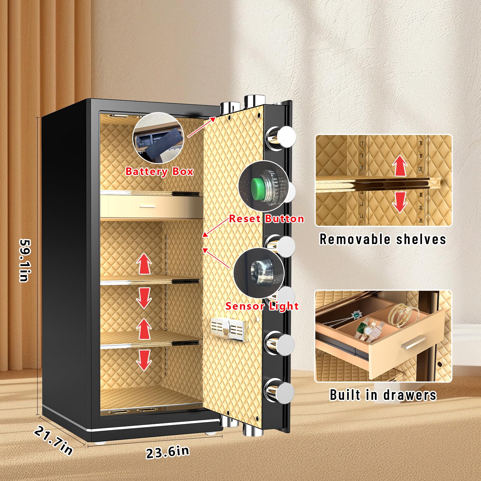 [2025 New Wifi Smart Safe]FABAO 17.5 Cu.Ft.Extra Large Home Safe,Heavy Duty Digital Security Safe with Built-In Drawer and Removable Shelves,Waterproof and Fireproof Safe for Home Hotel Office