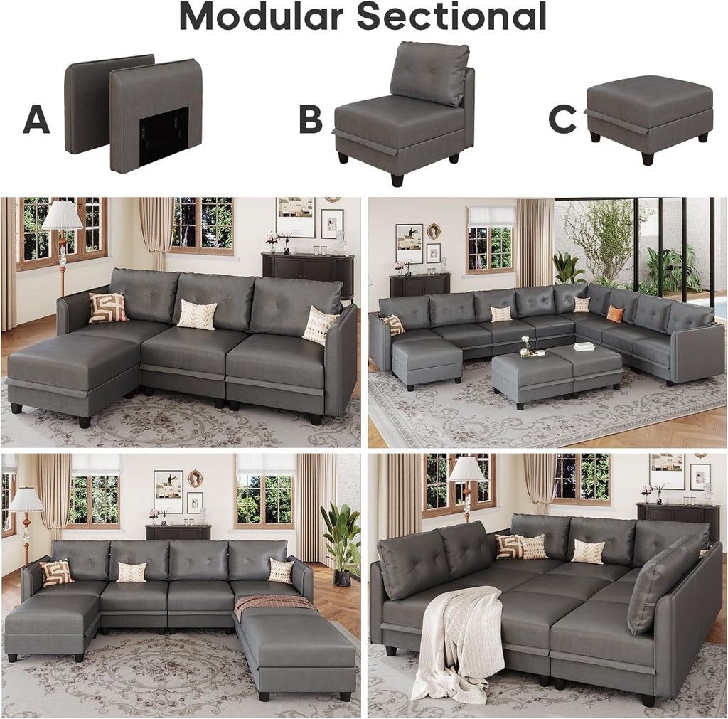LLappuil Modular Sectional Sofa, Oversized U Shaped Sofa with Storage, Sectional Couch for Living Room, Faux Leather Fabric Waterproof Sofa, 7 Seats with Ottoman, Dark Grey