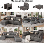LLappuil Modular Sectional Sofa, Oversized U Shaped Sofa with Storage, Sectional Couch for Living Room, Faux Leather Fabric Waterproof Sofa, 7 Seats with Ottoman, Dark Grey