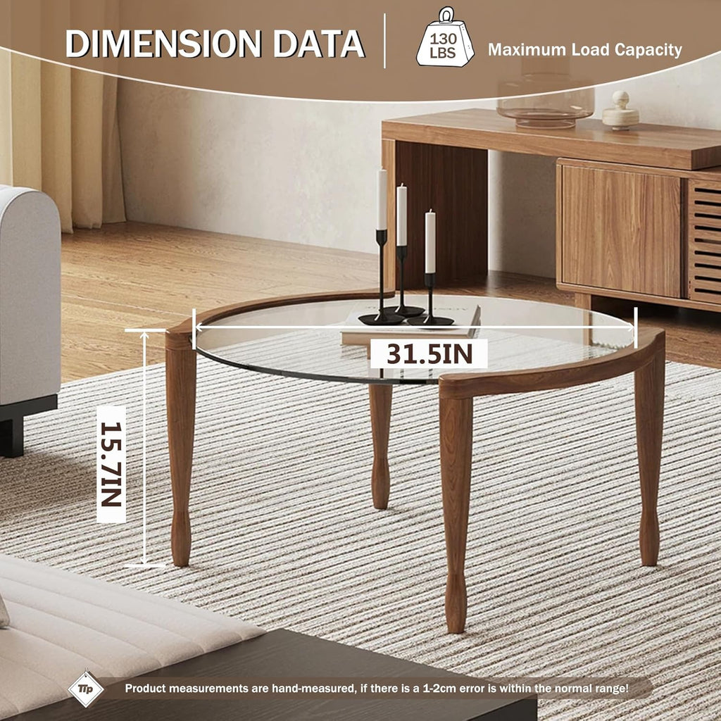 31.5" Round Glass Mid Century Modern Coffee Table with Wood Legs-Circle Tempered Glass Top Center Table, Unique Contemporary Center Table for Small Space