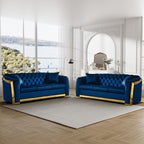 Mid Century Modern Chesterfield Sofa Couch, 81" Velvet Couch White and Gold Sofa Luxury Curved Loveseat for Living Room, 3 Seat Tufted Sofas with 2 Pillows & Classic Gold Legs, Beige White