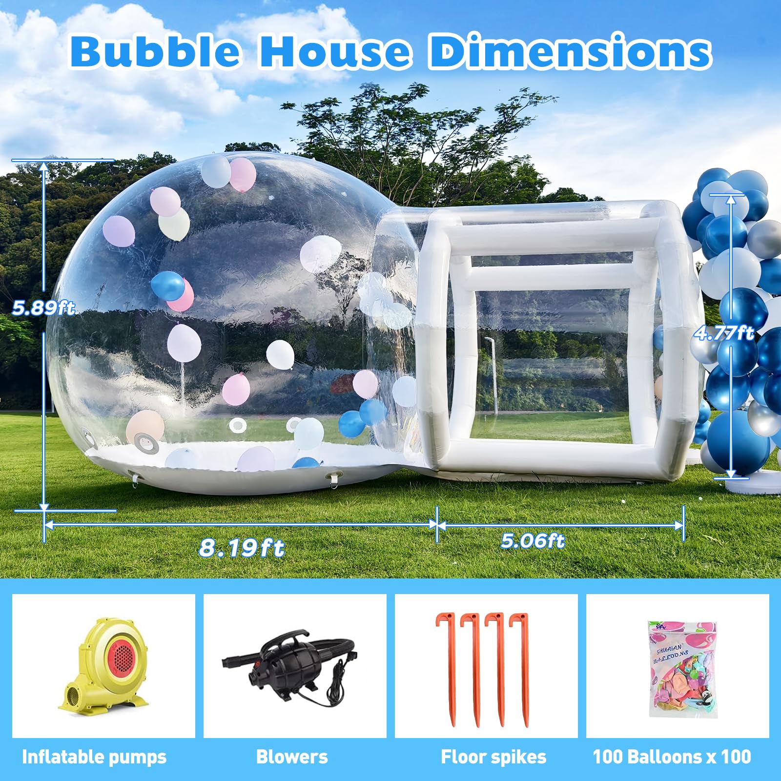 8.2FT-Single Layer Inflatable Bubble House Dome for Kids Clear PVC Balloon House with Tunnel 750W Air Blower and 600W Air Pump Perfect for Parties Yard Decoration and Outdoor Fun - Grand Goldman