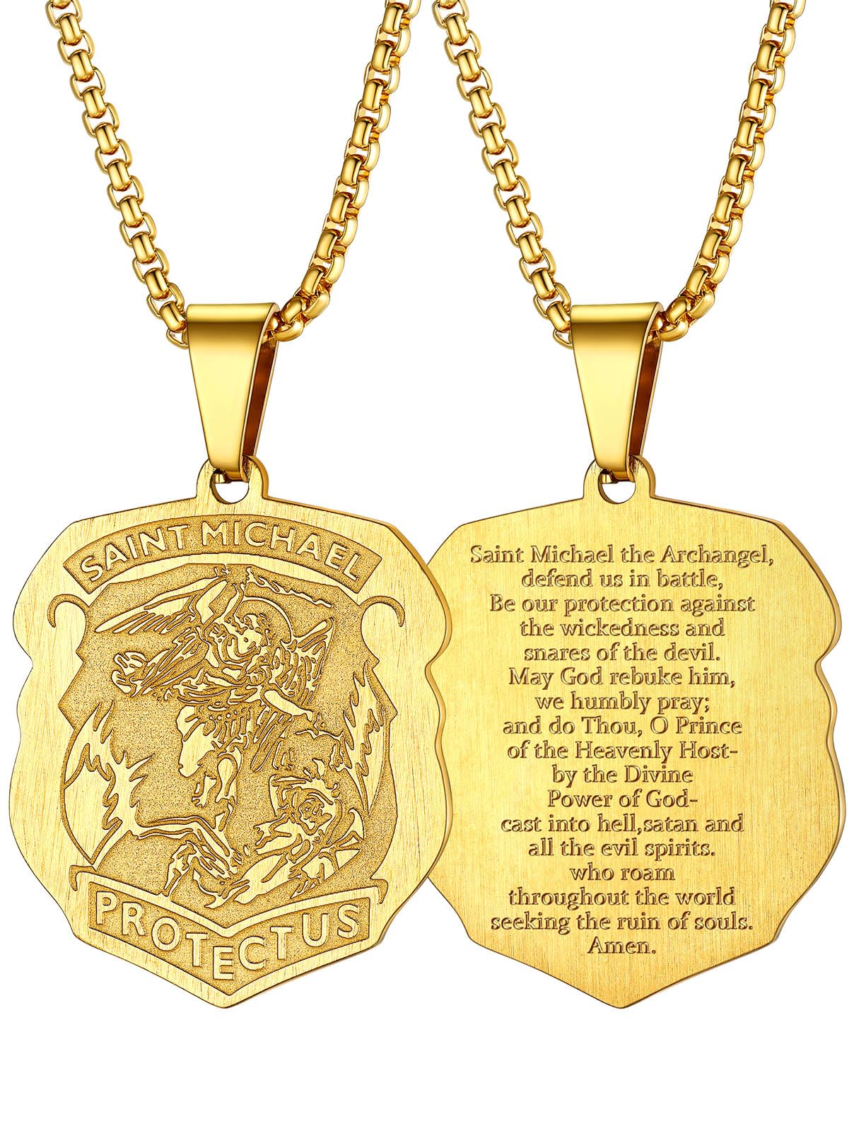 FaithHeart Saint Michael Necklace, Stainless Steel/18K Gold Plated St Michael the Archangel Pendant Amulet for Men Women with Gift Packaging