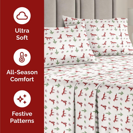 King Christmas Tree Sheet Set - Holiday Xmas Pattern Linen Set - Deep Pockets - Snug Fit - 4 Piece - Wrinkle Free - Comfy & Cooling Festive Winter Bedding - Easy To Care For - Kid Friendly