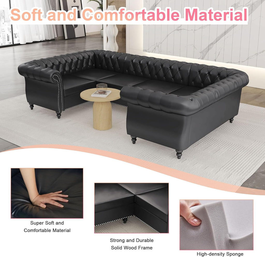 AVZEAR 3 Pieces Sectional U-Shaped Sofa, Leather Modular Sectional Couches Chesterfield Sofa Set, Modern Living Room Furniture Sets Upholstered Couch Set for Living Room, Office and Apartment, Black