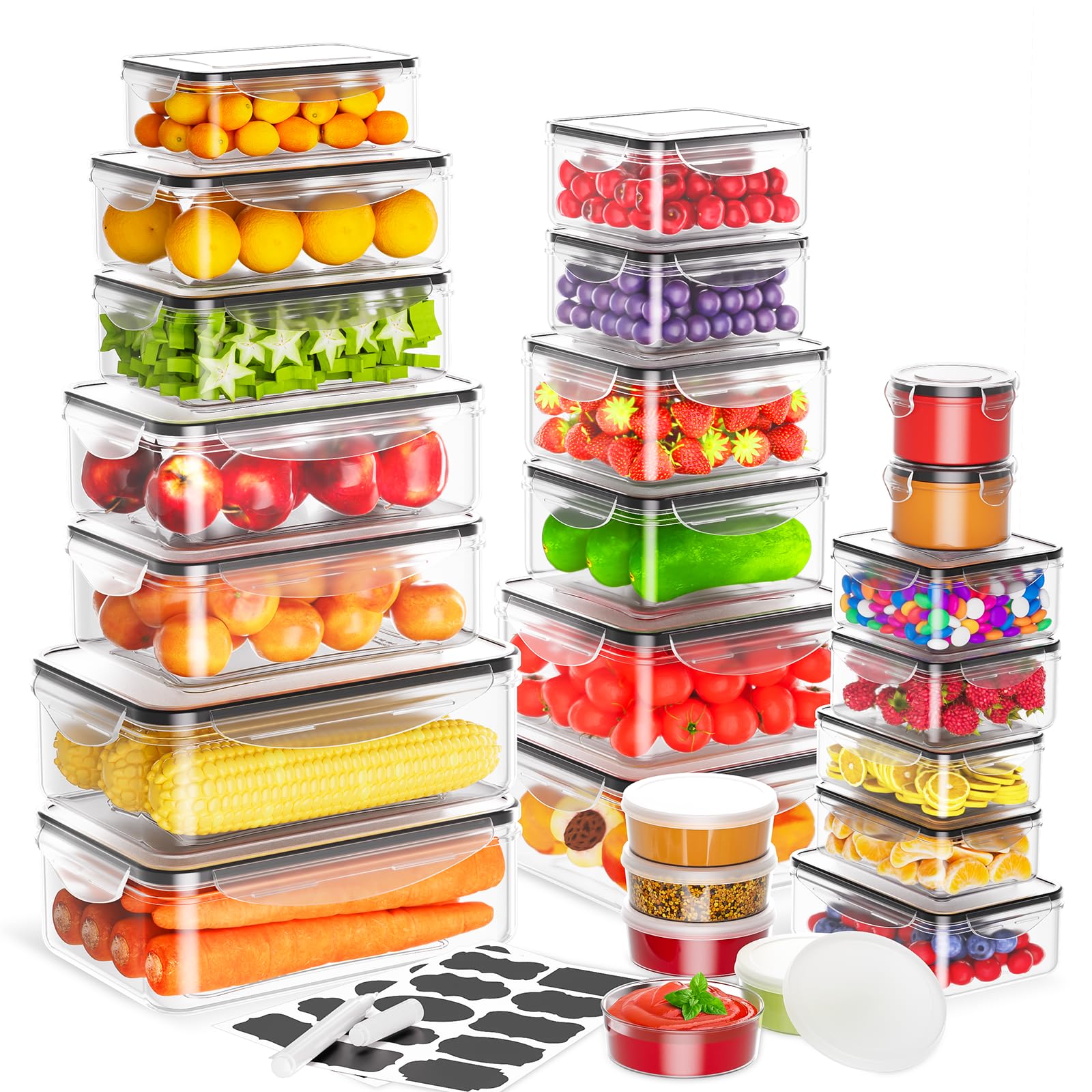34 PCS Food Storage Containers Set with Airtight Lids (17 Lids &17 Containers) - BPA-Free Plastic Food Container for Kitchen Storage Organization, Fruit Meal-prep Containers with Labels & Marker