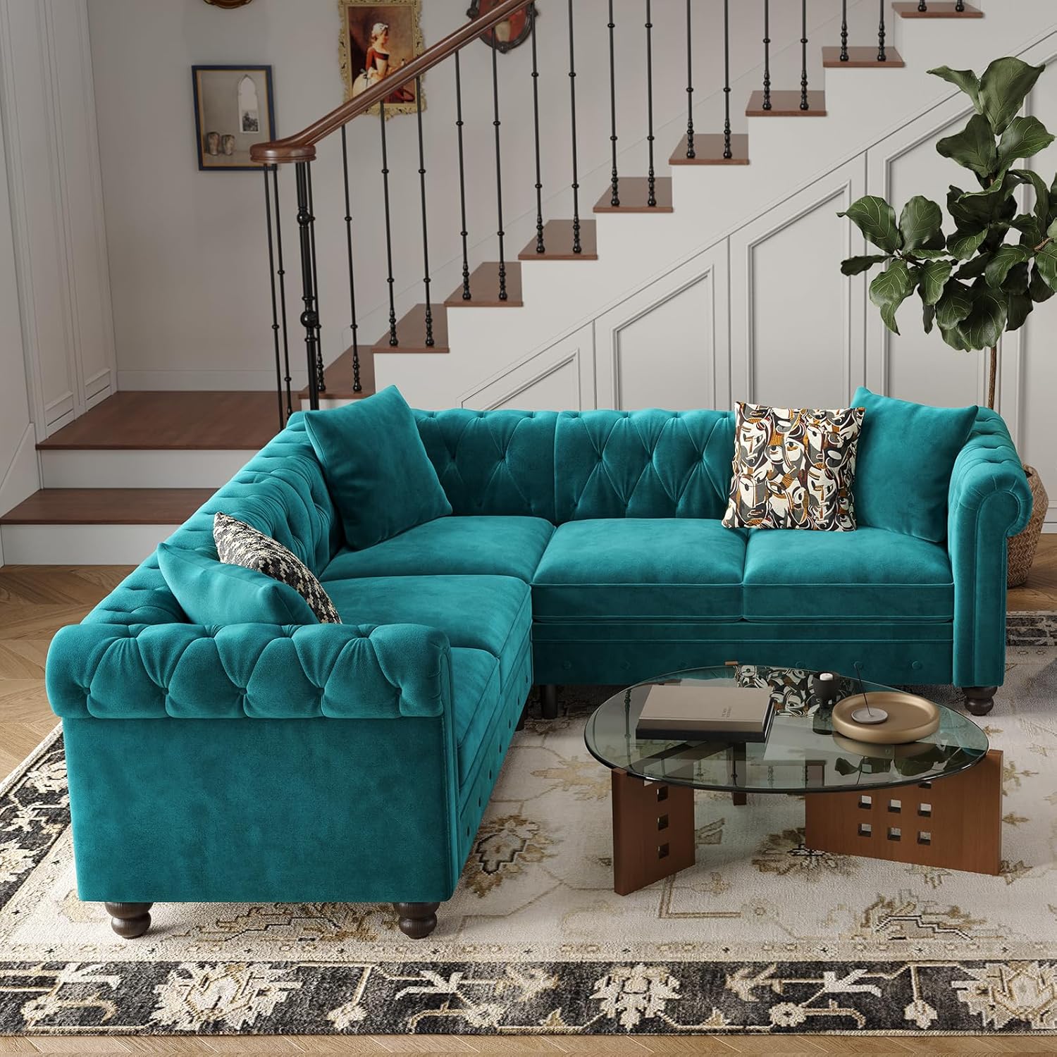 Chesterfield L Shaped Sofa, Velvet Sectional Sofa with Rolled Arms, Tufted Corner Couch w/3 Throw Pillows, Springs Seat Cushion, Solid Wood Legs, Vintage L Shape Couch for Living Room, Green