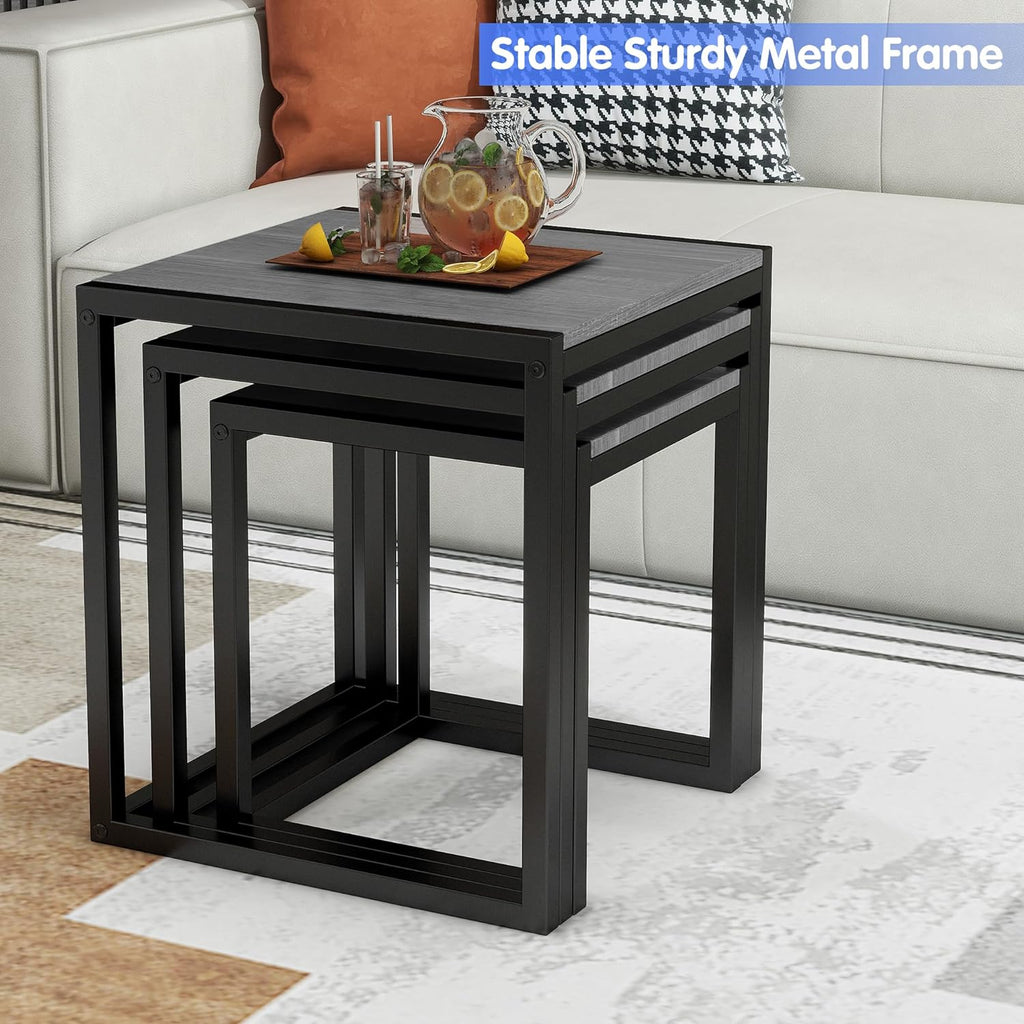 Nesting Table Set of 3 Side Tables, Modern Coffee Table Stacking End Table with Metal Frame (A-Square, Grey)