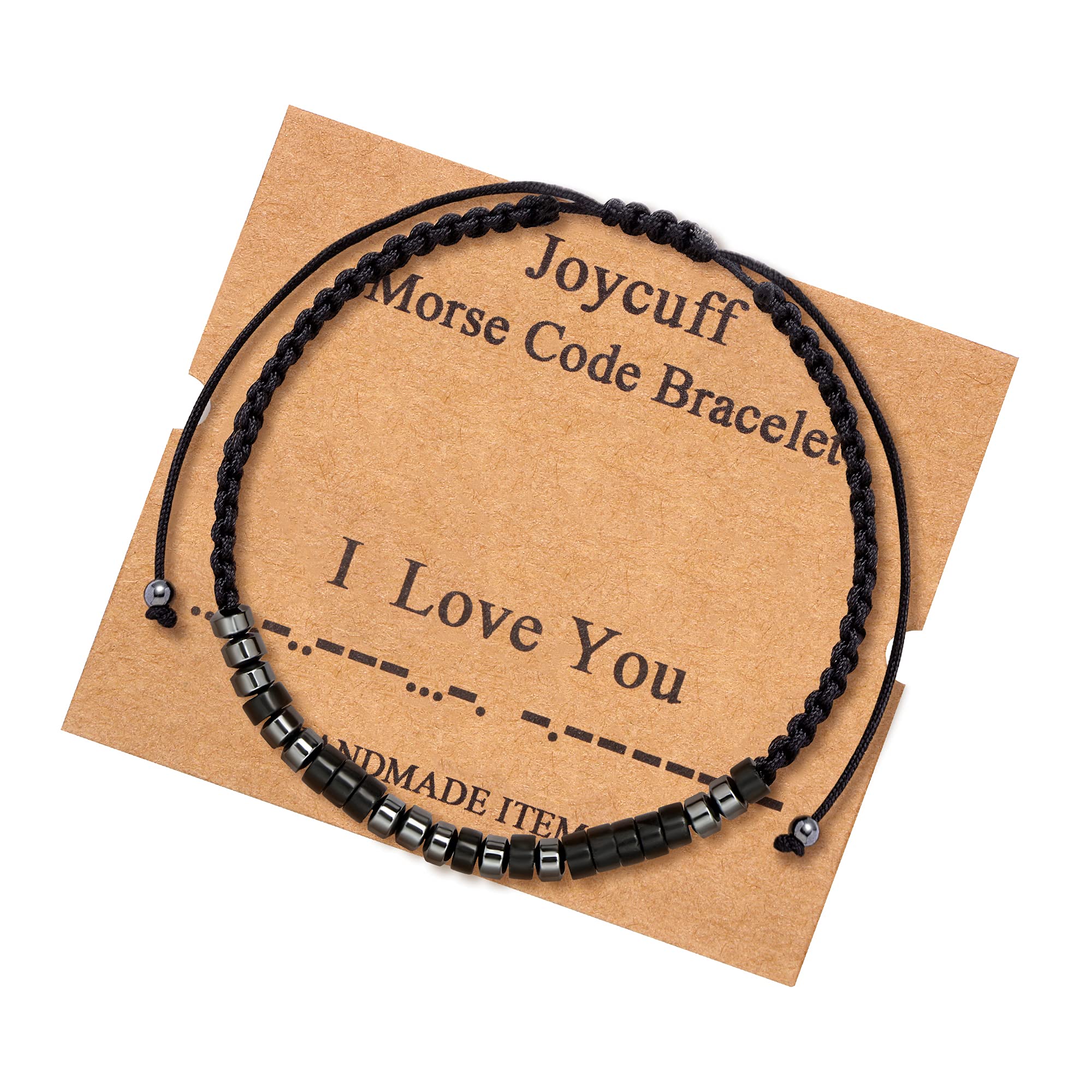 JoycuFF Bracelet pour hommes Cadeaux pour petit ami Je t'aime Bracelets en code Morse pour femmes hommes Fête des mères Cadeaux d'anniversaire uniques Bijoux Bracelet en cordon avec perles d'hématite noire Cadeau pour femmes