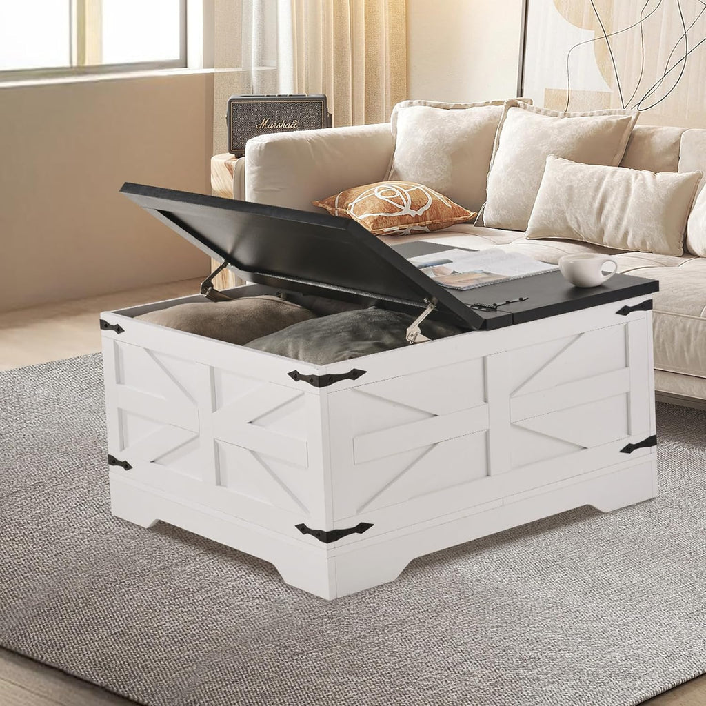 VEVOR 31.5" Farmhouse Coffee Table, Hinged Square Coffee Table with Large Storage Compartment, Wooden Rustic Cocktail Table for Living Room, Bedroom, Apartment, Studio, Black & White