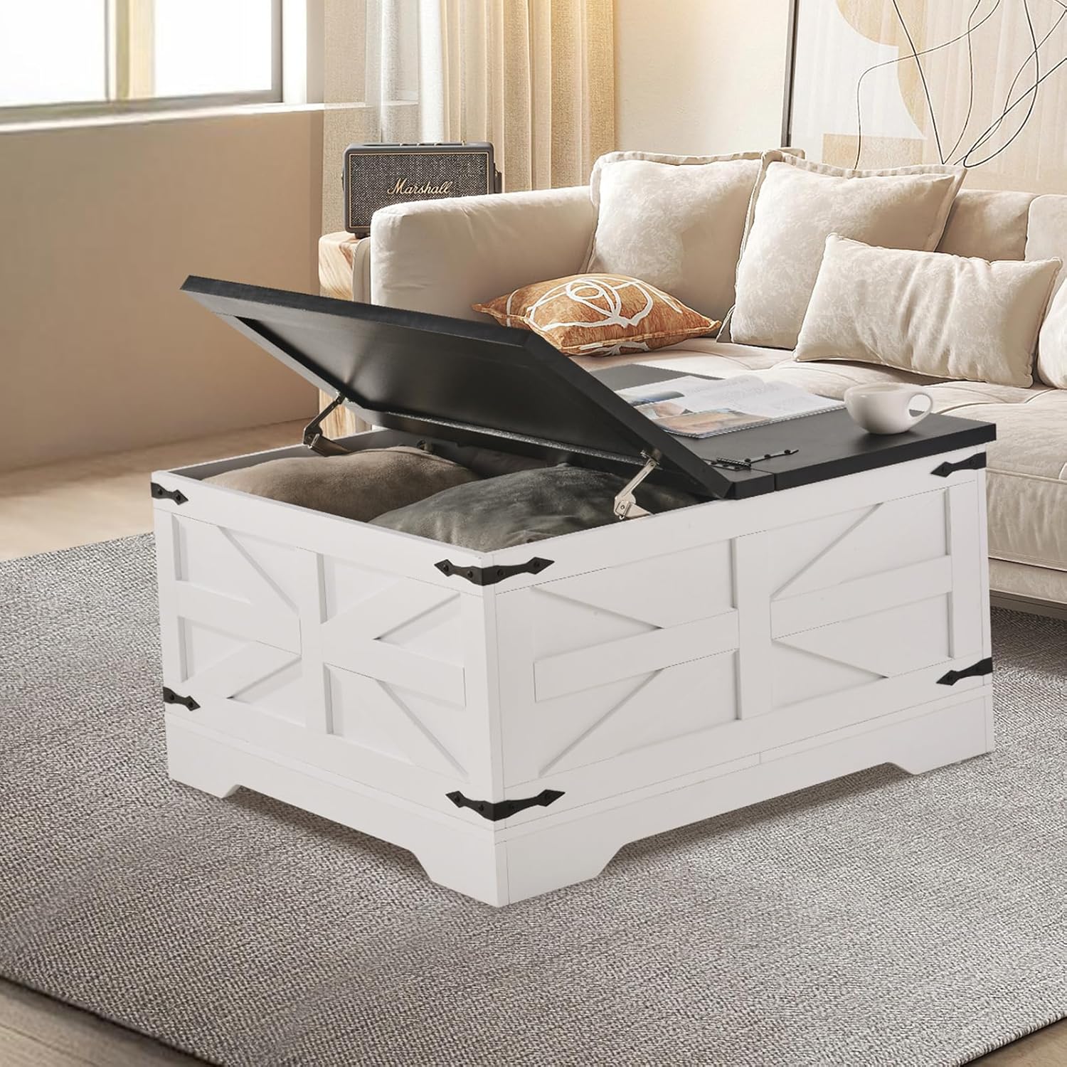 VEVOR 31.5" Farmhouse Coffee Table, Hinged Square Coffee Table with Large Storage Compartment, Wooden Rustic Cocktail Table for Living Room, Bedroom, Apartment, Studio, Black & White