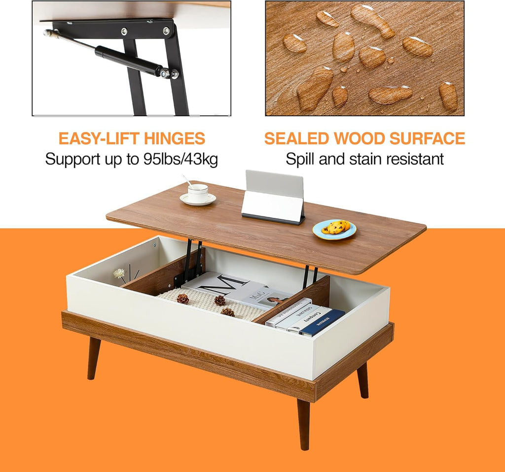 Houseables Lift Up Coffee Table, Pull Up Coffee Table, Lift Top Desk, Pull Out Tabletop, Rising, Modern Living Room Desk with Storage, to Eat, Fold Out, Adjustable, Raising, Liftup, White, Brown Wood