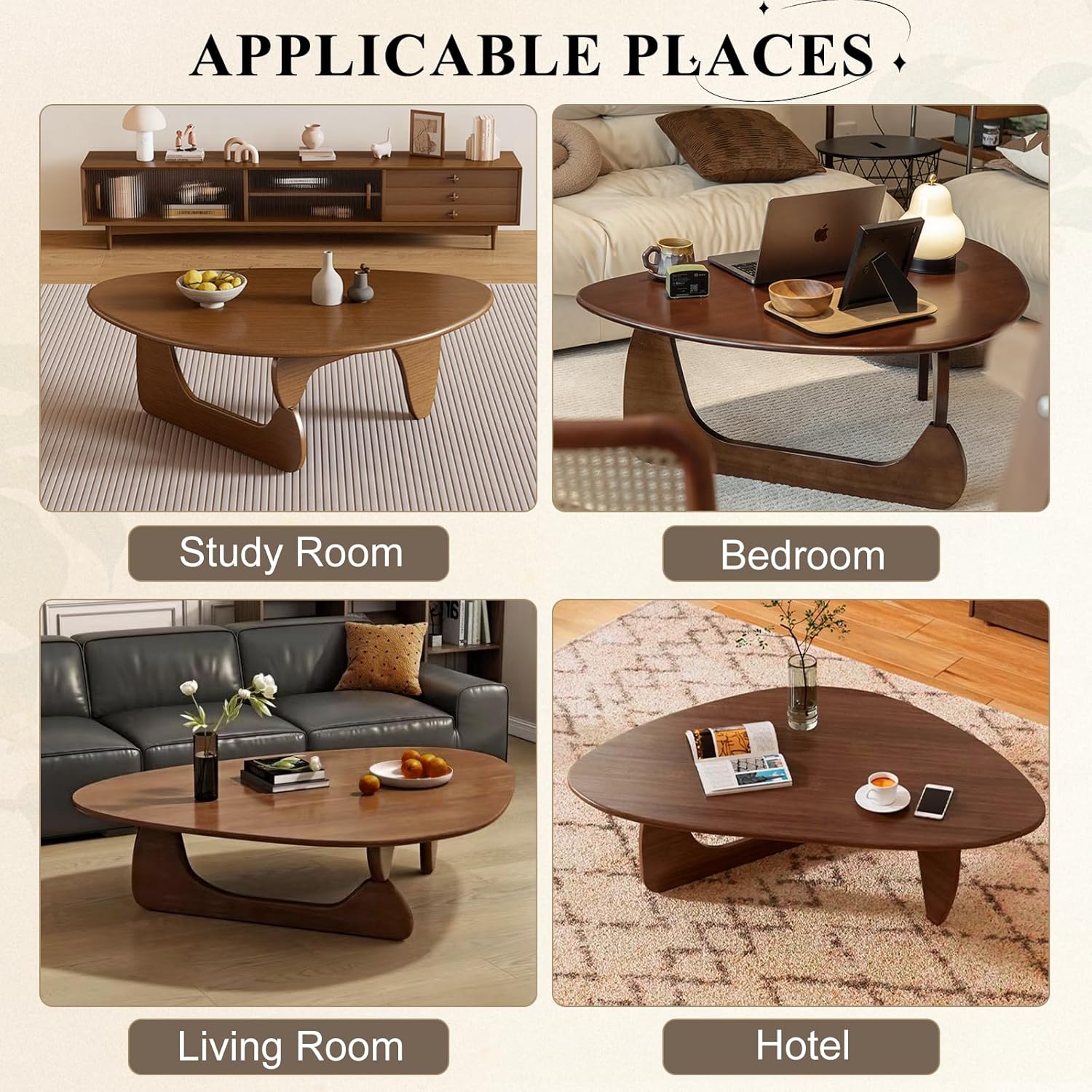 Modern Triangle Coffee Table: Unique Funky Soild Wood Coffee Tables for Living Room, Wooden Oval Mid-Century Modern Abstract Tea Tables for Patio Office Balcony Walnut 35" L x 24" W x 16" H