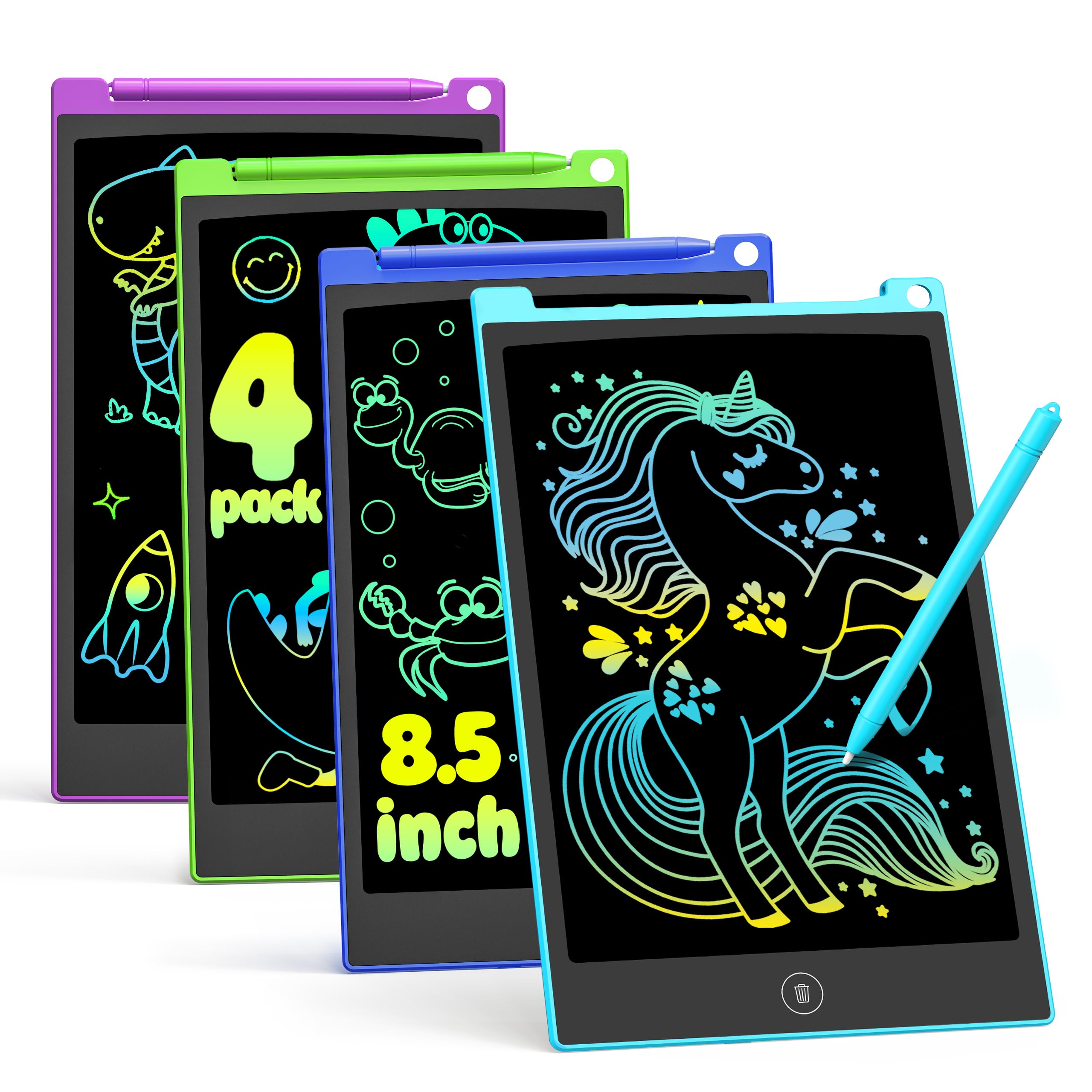 TECJOE 4 Pack LCD Writing Tablet, 8.5 Inch Colorful Drawing Board, Kids Travel Games Activity Learning Toys, Birthday Gifts for 3-8 Year Old Boys Girls Toddlers Preschooler