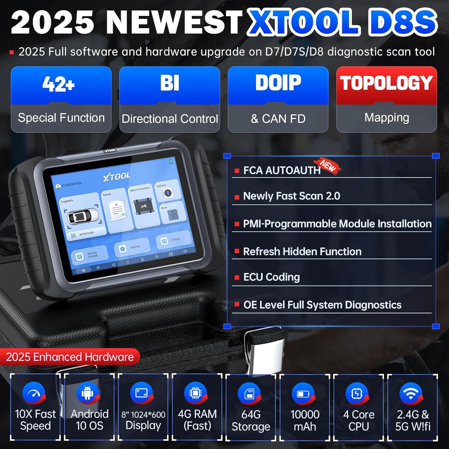 XTOOL D8S Bidirectional Scan Tool 2025 Upgraded Ver. of D8 Scanner, OBD2 Scanner Diagnostic Tool, Topology Mapping, ECU Coding, 42+ Resets, FCA, CAN FD&DoIP, All System Scanner for Car, 3-Year Update