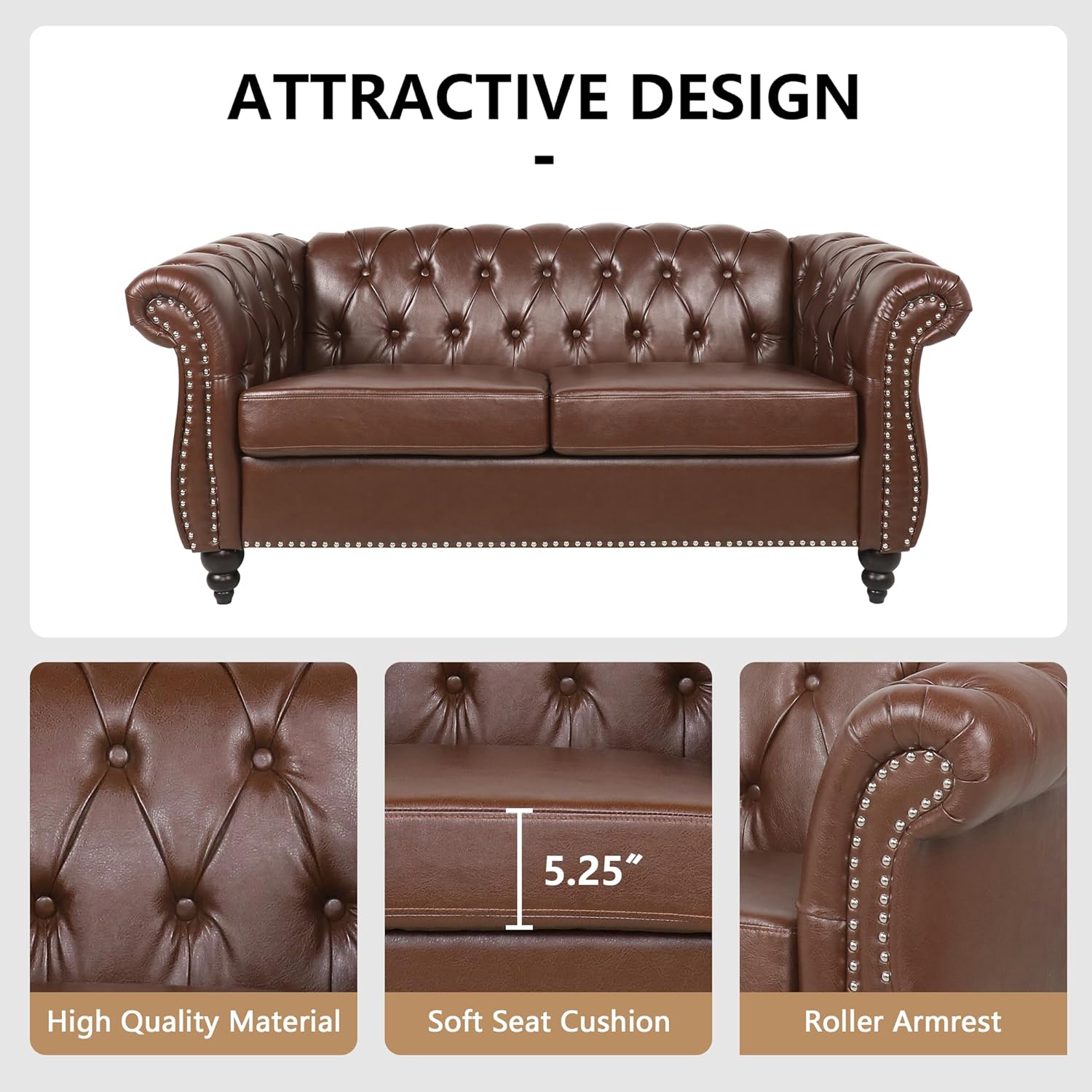 QHITTY 3 Piece Living Room Set, Sectional Chesterfield Sofa Chair Contemporary Upholstered Leather Loveseat Couch Sets for Living Room, Bedroom, Office