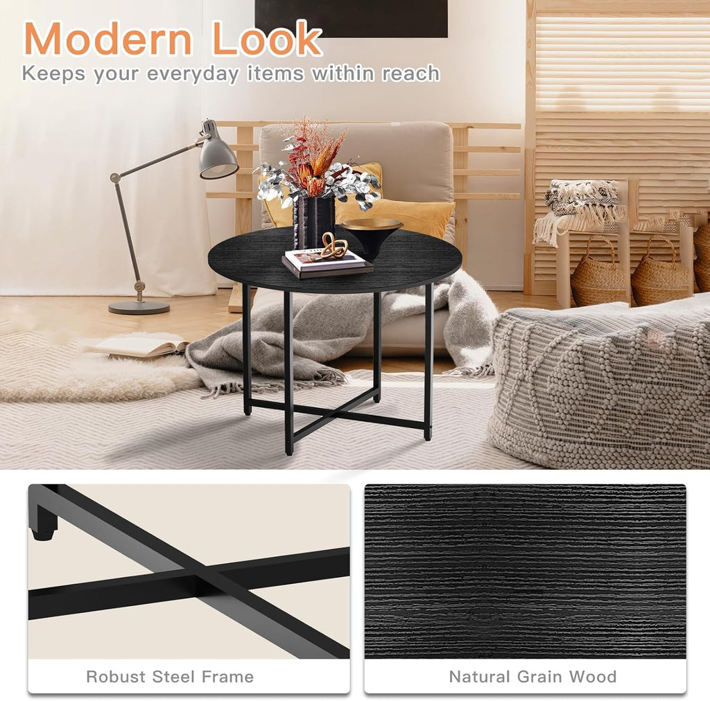 Coffee Table, 23.6" Coffee Tables for Living Room, Round Coffee Table with Metal Frame, Floor Table for Sitting on The Floor, Home, Office, Black