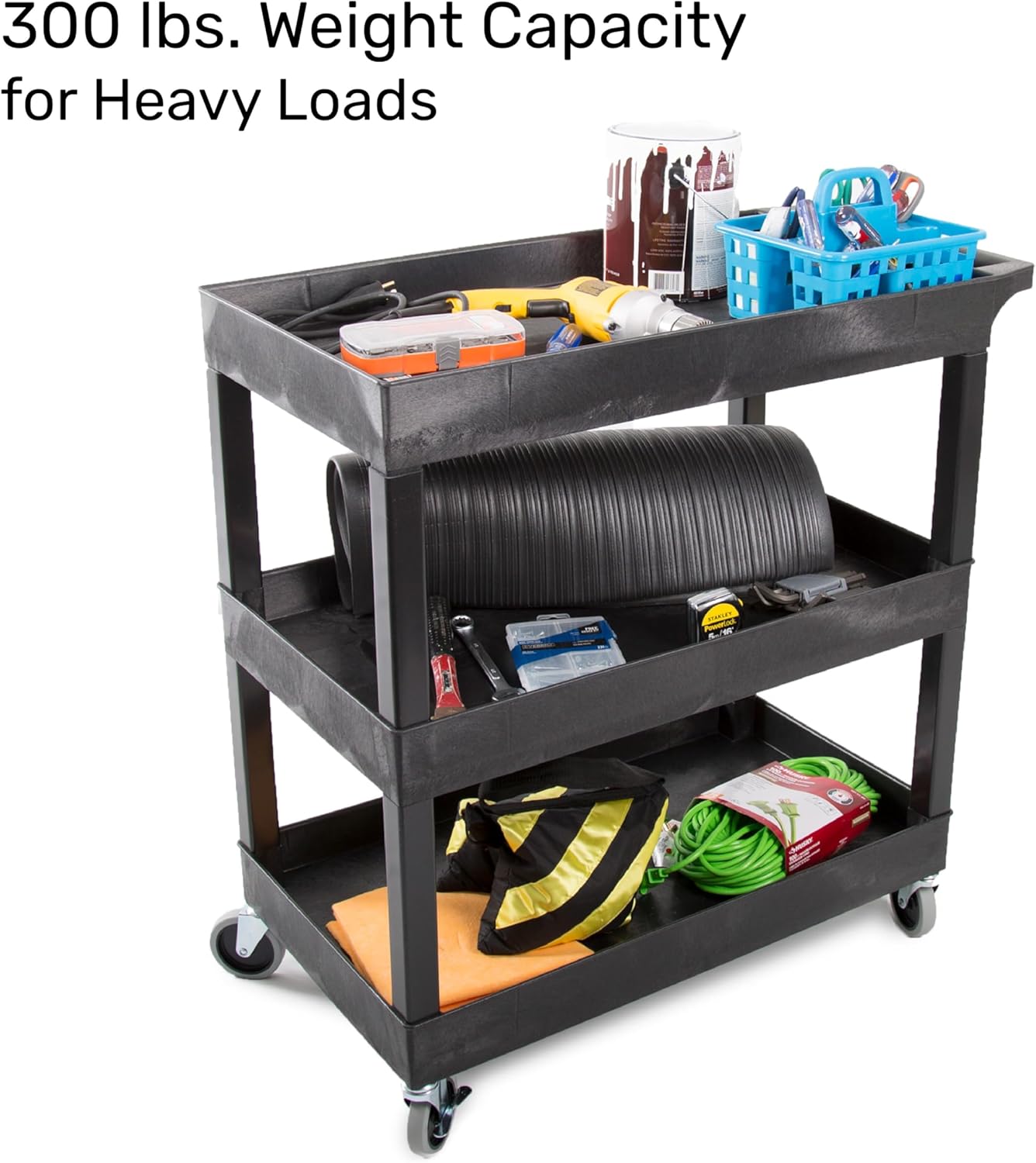 Tubstr 3-Tier Rolling Utility Cart with Wheels | Supports 300 lbs. Total | Heavy-Duty Capacity for Garage Storage, Office Spaces, & Kitchen Use | Durable Tool Cart with Locking Wheels (Black, 32 x 18)
