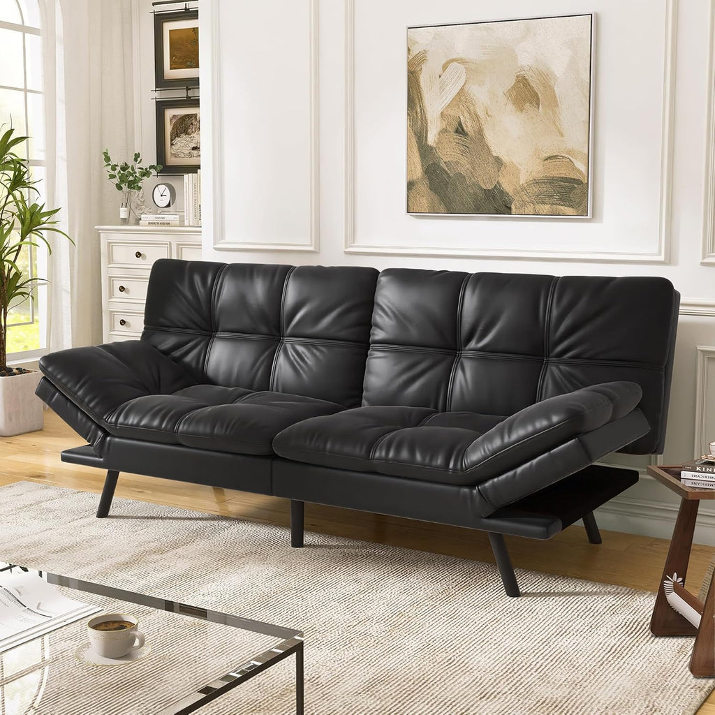 Convertible Faux Leather Futon Sofa Couch,Memory Foam Futon Couch Bed,Loveseat Sleeper Sofa Bed,Small Splitback Modern Folding Sofa Bed for Living Room,Office,Apartment,Matte Black