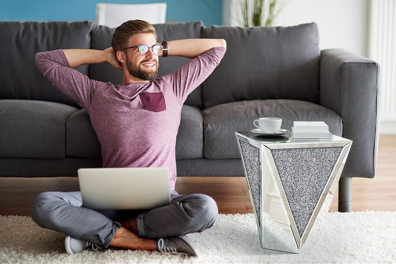 ENENE Mirrored End Table Crystal Diamond Setting Coffee Table Silver Glass Side Table Pedestal Stand for Hallway, Living Room, Corner, Bedroom, Sofa