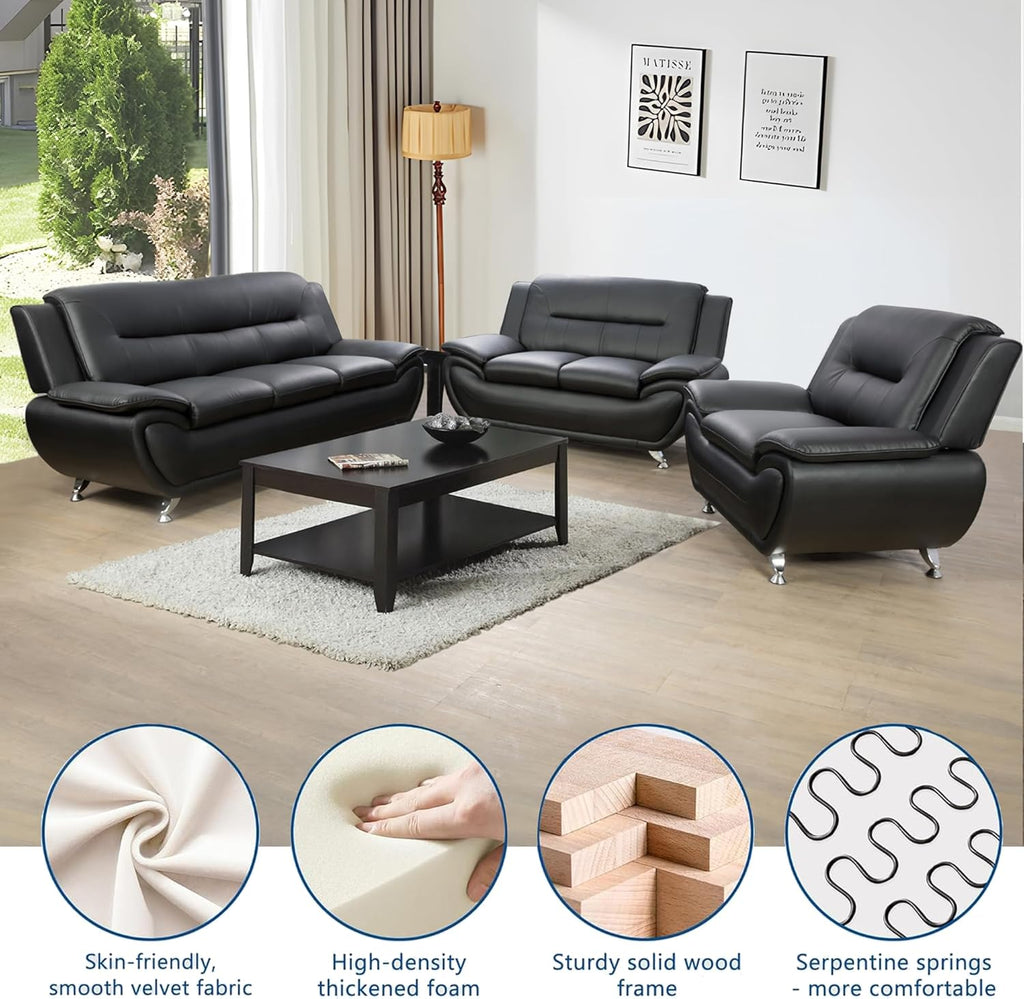 3 Piece Living Room Couch Set, Faux Leather Sofa Set, Modern Sofa Couch Set Living Room Furniture (Sofa+Loveseat+Chair, Black)