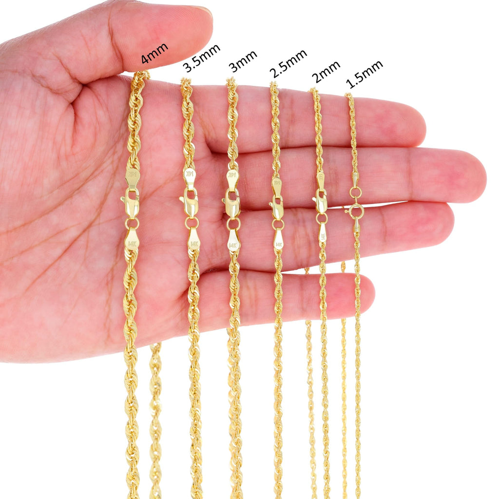 Nuragold 14K Real Yellow Gold Rope Diamond Cut Chain Lightweight Necklace 16"-30" (1.5mm-4mm) Italian Jewelry for Men & Women