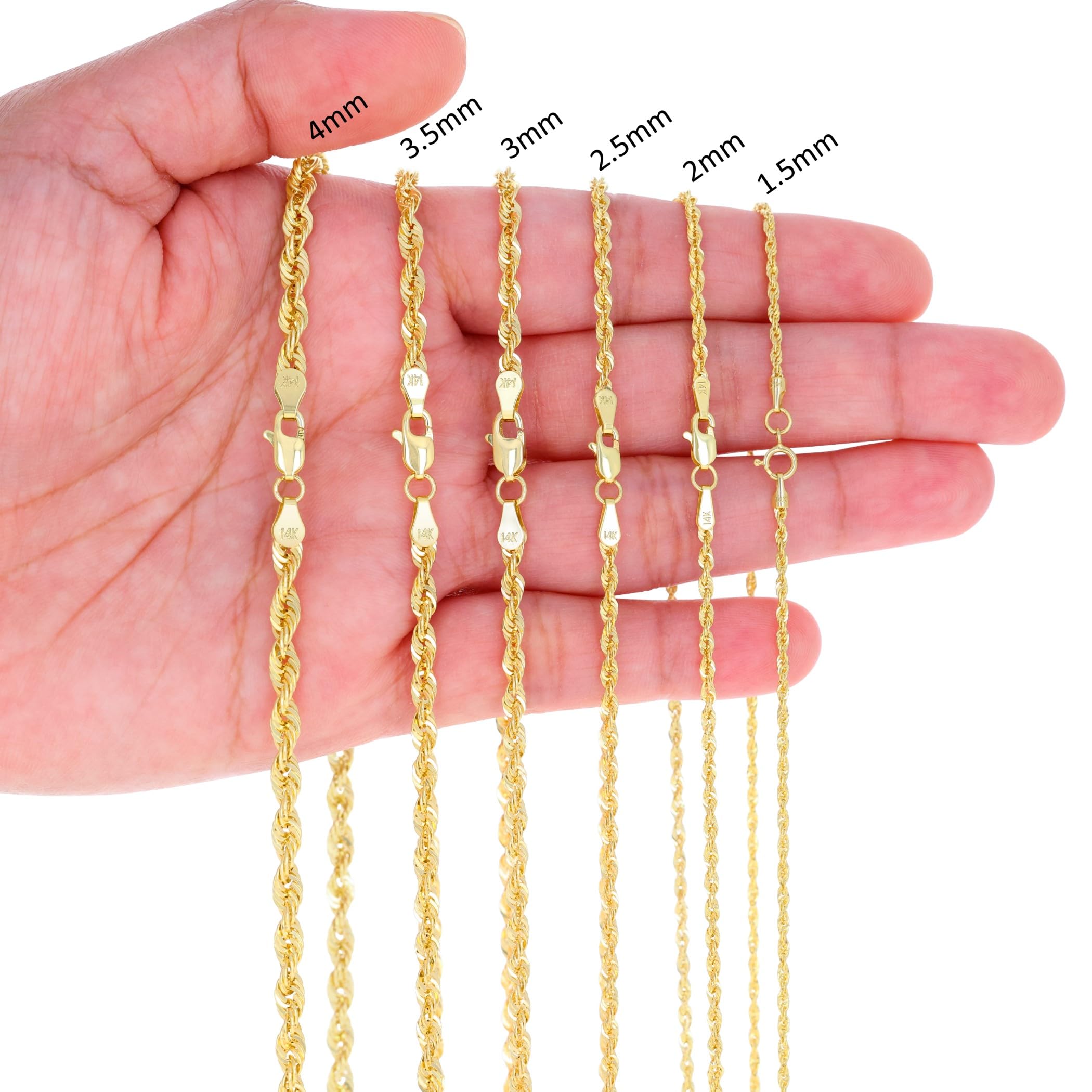 Nuragold 14K Real Yellow Gold Rope Diamond Cut Chain Lightweight Necklace 16"-30" (1.5mm-4mm) Italian Jewelry for Men & Women