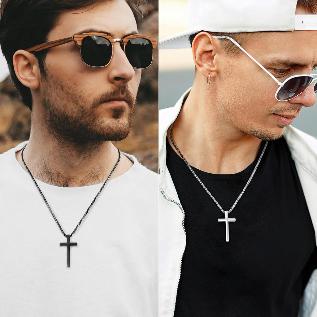 Romass 2 Pcs Cross Necklace for Men,Stainless Steel Pendant Silver Black Crosses Chain Jewelry Gifts Box 16-30 inches