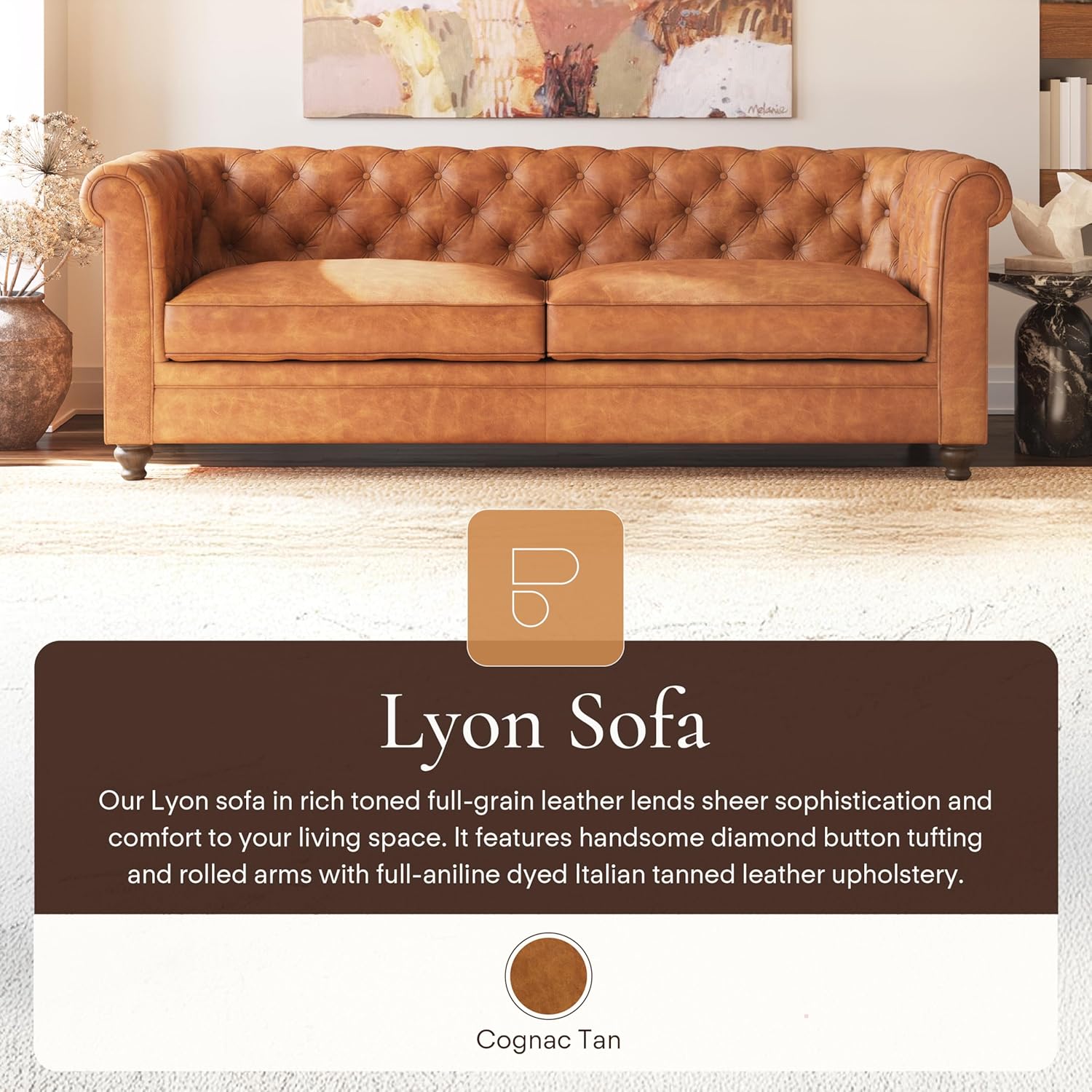 Poly & Bark Lyon Leather Couch - 87.4 Inch Sofa - Full-Grain Leather Sofa for Living Room with Feather-Down Topper - Living Room Couch - Vintage Italian Leather in Cognac Tan
