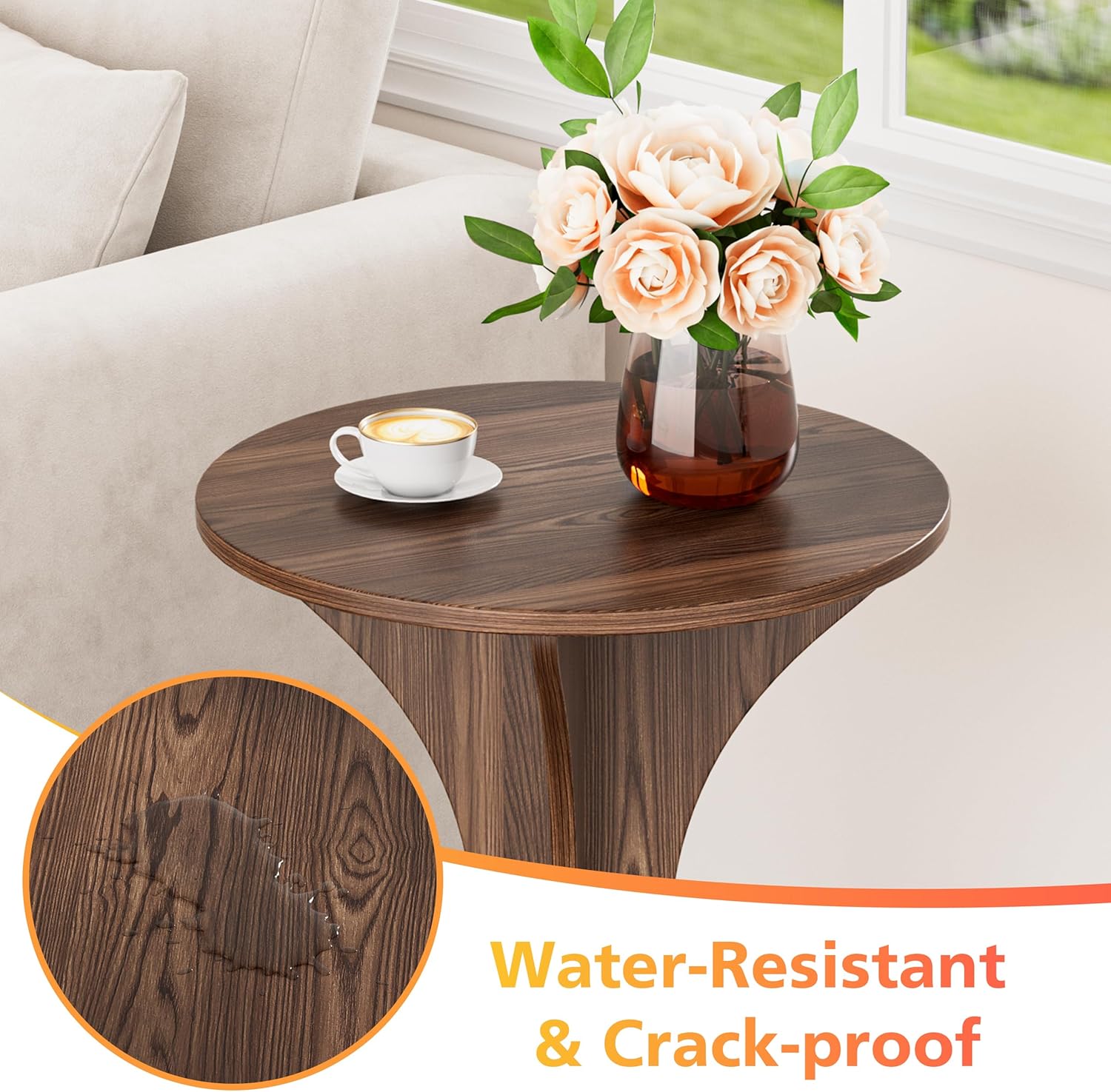 Small Round Side End Table - Wood Accent Coffee Table for Living Room, Modern Circle Nightstand with Pedestal for Small Spaces Bedroom Sofa, Vintage Corner Couch Bedside Table (Rustic Brown)