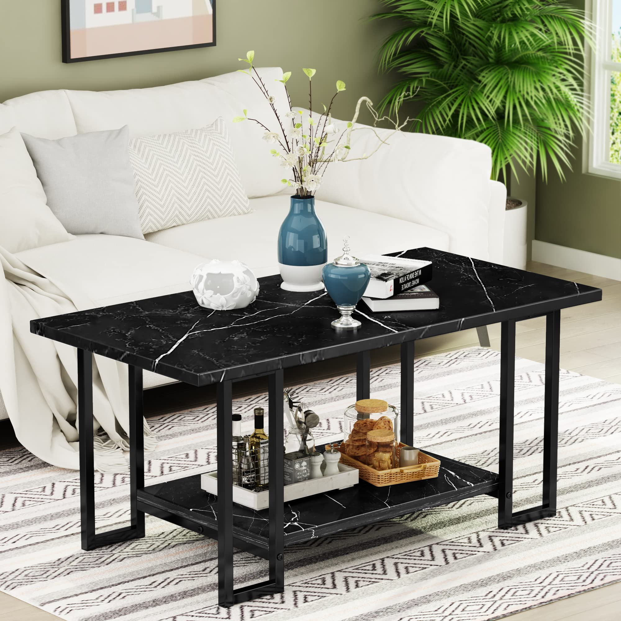 AWQM Marble Coffee Table, Faux Marble Top Rectangular Coffee Table with Black Metal Frame, 2 Tier Living Room Table for Living Room, Office, Balcony, White, 40 Inch