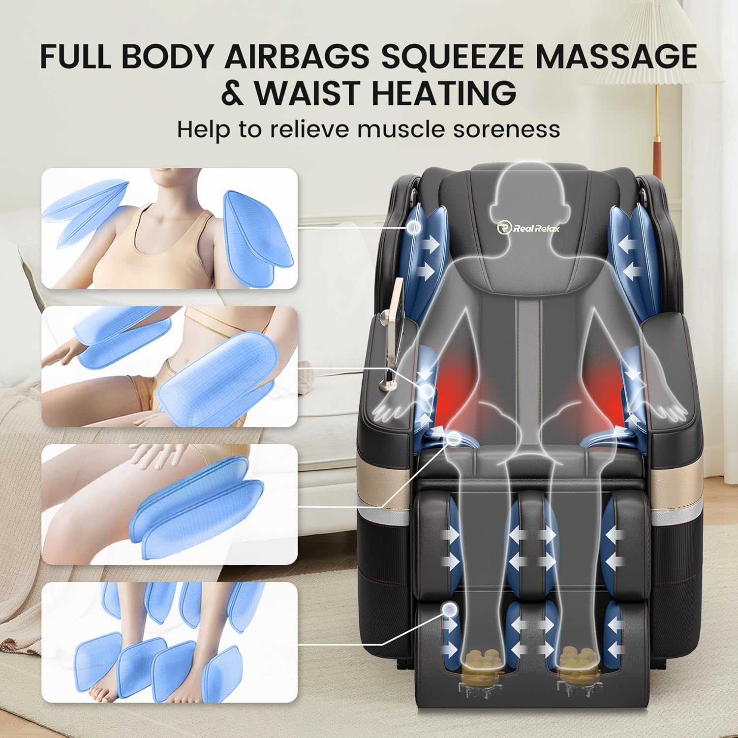 Real Relax Massage Chair, Full Body Zero Gravity Massage Recliner, with Auto Modes, Waist Heating, LCD, Bluetooth, Foot Massage, Black