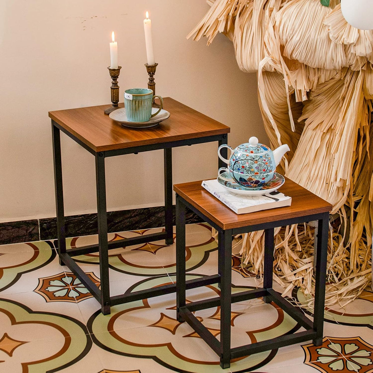 Vipush Nesting Tables Coffee Table Set of 2 - End Tables Living Room Small Side Tables Modern Farmhouse Sturdy Metal Frame Wood Desk
