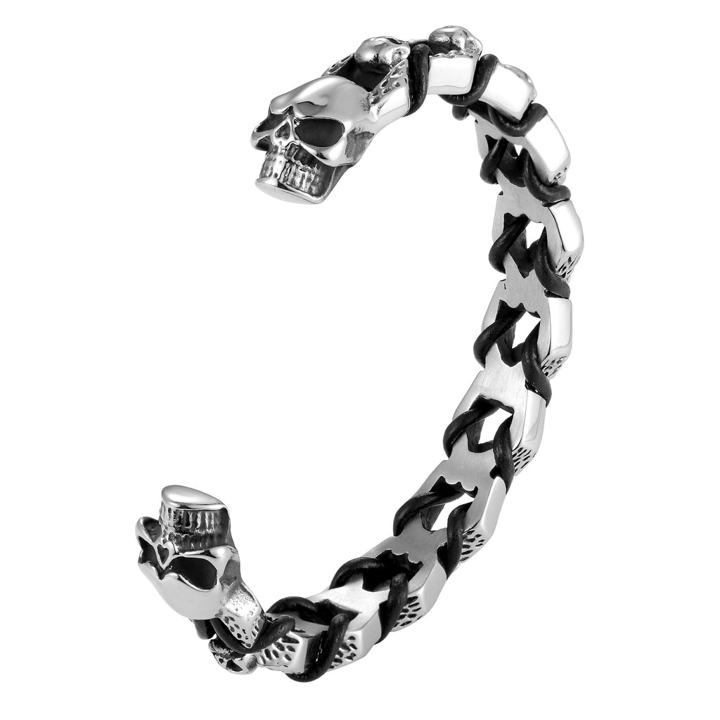 Bold Men’s Biker Bracelet – Skull, Wolf, and Foxtail Chain Designs in Polished Silver & Black Genuine Leather – Rust & Discoloration Resistant Stainless Steel – Jewelry Gift or Accessory for Men
