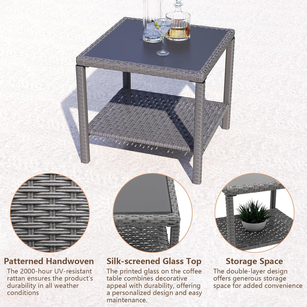 C-Hopetree Small Outdoor Coffee Side End Table for Outside Patio Storage, Gray All Weather Wicker with Glass Top, Square
