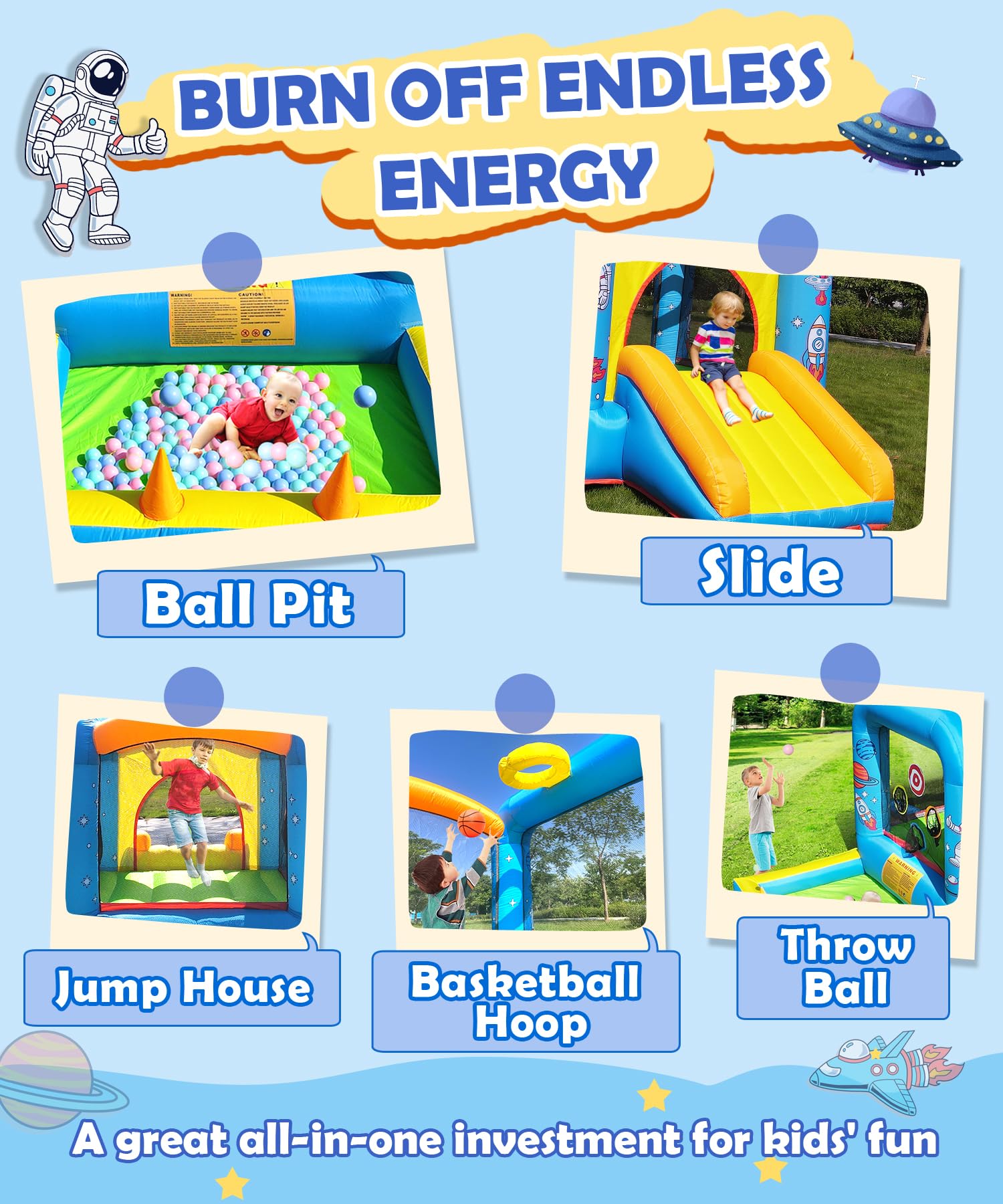 NBSPORT aufblasbares Hüpfburg mit Gebläse für Kinder 3-6 Jahre, Hüpfburg mit Rutsche, 112x63x67'' Kleinkinder-Hüpfburg mit Bällebad, Hüpfburg für drinnen/draußen