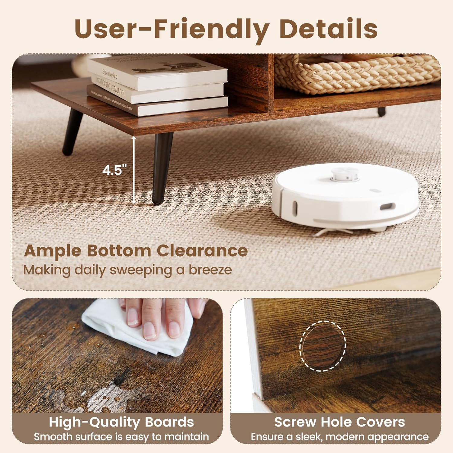 GOFLAME Wood Coffee Table, 2-Tier Mid Century Modern Center Table with 2 Open Storage Compartments & Metal Legs, Rectangular Accent Tea Tables for Living Room, Home Office, Apartment (Rustic Brown)