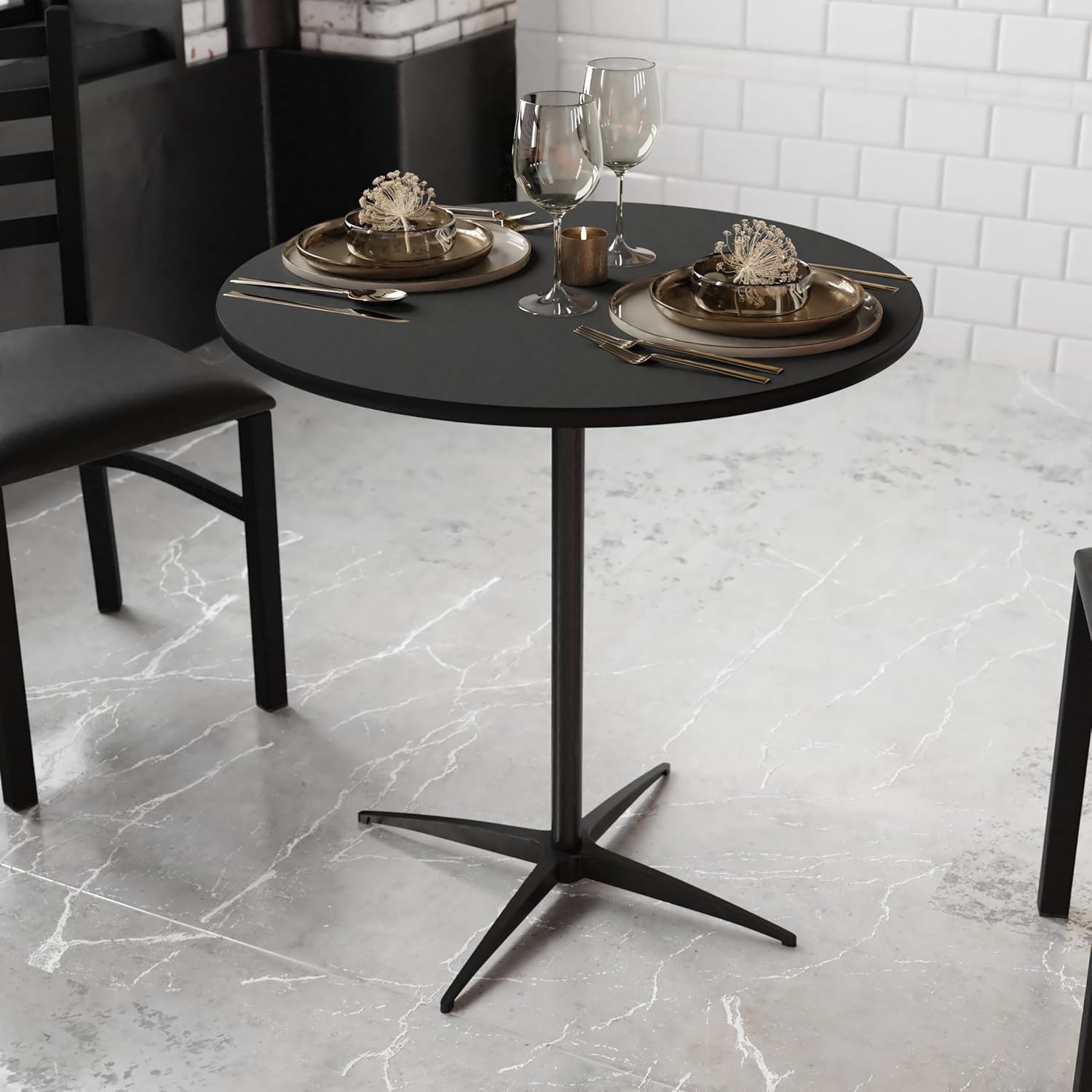 Flash Furniture Lars Black 30'' Round Wood Cocktail Table with 30'' and 42'' Columns