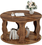 HSH Round Wood Coffee Table, 2 Tier Circle Center Table with Storage, Farmhouse Modern Wooden Living Room Coffee Tea Tables, Unique Vintage Circular Middle Cocktail Table, 31.5 in Rustic Brown