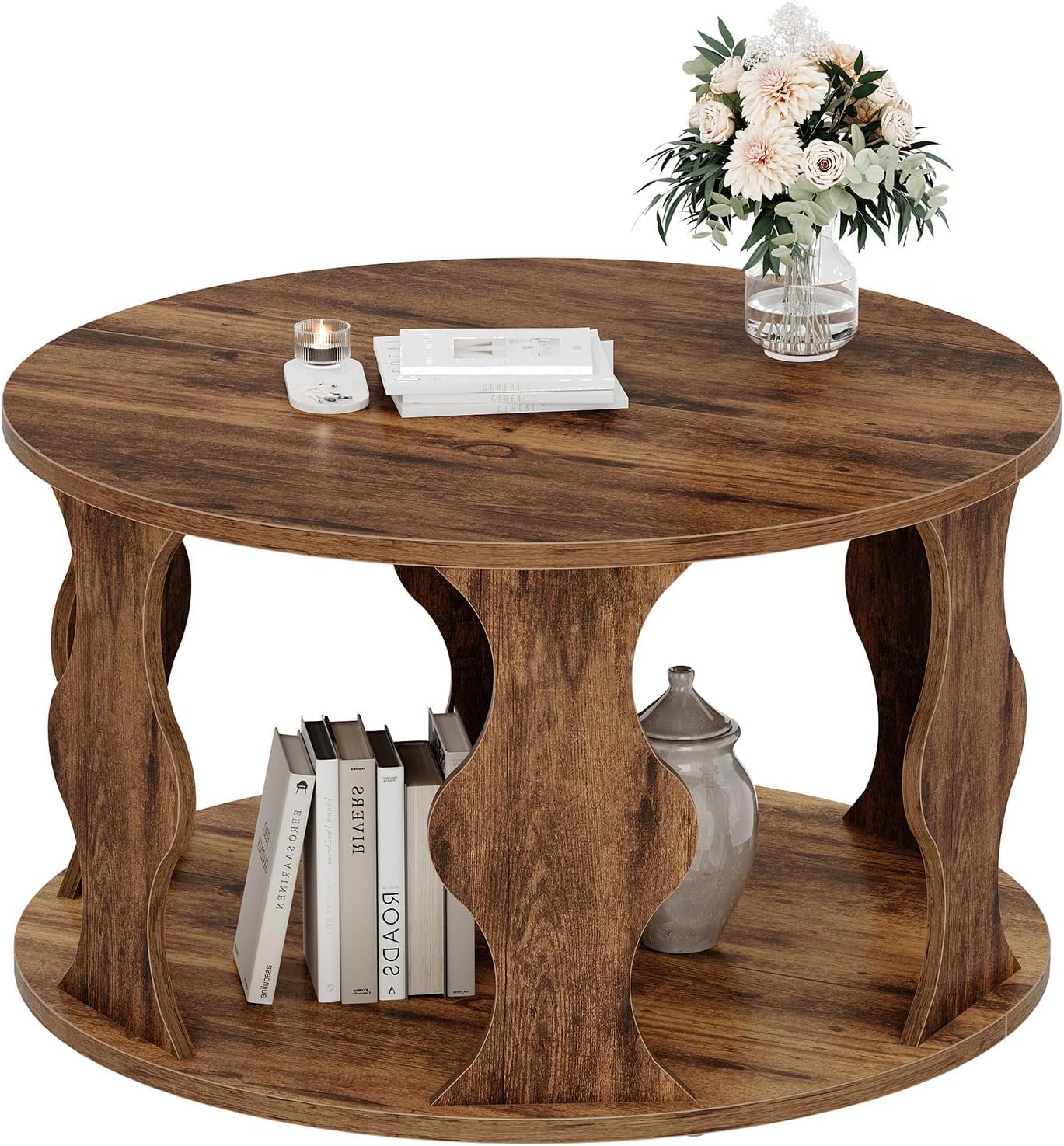HSH Round Wood Coffee Table, 2 Tier Circle Center Table with Storage, Farmhouse Modern Wooden Living Room Coffee Tea Tables, Unique Vintage Circular Middle Cocktail Table, 31.5 in Rustic Brown