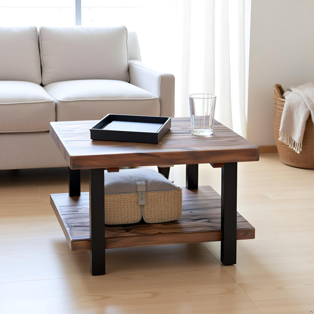 Pomona 27-Inch Rustic Square Coffee Table – Solid Pine Wood with Natural Weathered Finish and Industrial Metal Legs – Small Space Living Room Accent by Alaterre Furniture