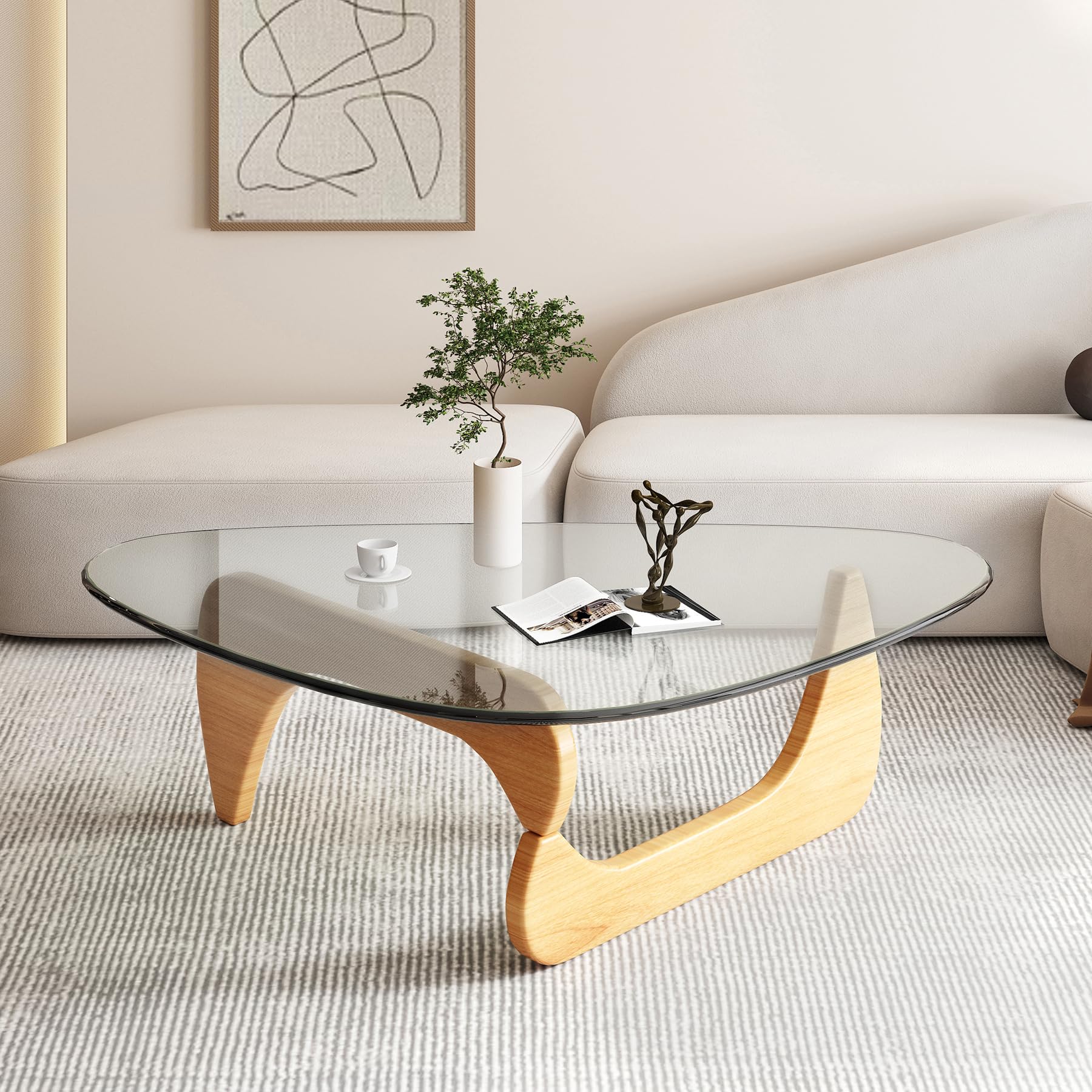 Small Coffee Table Modern Glass Coffee Table, Mid Century Coffee Tables for Living Room, Mesa de Centro para Sala, Rustic Oval Coffee Tables with Glass Top & Wood Base, (Walnut Brown, 31.5in)