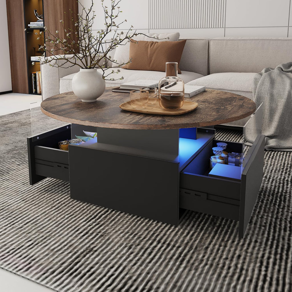 31.5" Round Coffee Table for Living Room, LED Modern Living Room Table with Storage, Square Acrylic Coffee Tables with 2 Sliding Drawers, Wood Center Table for Reception Dinning Room, White