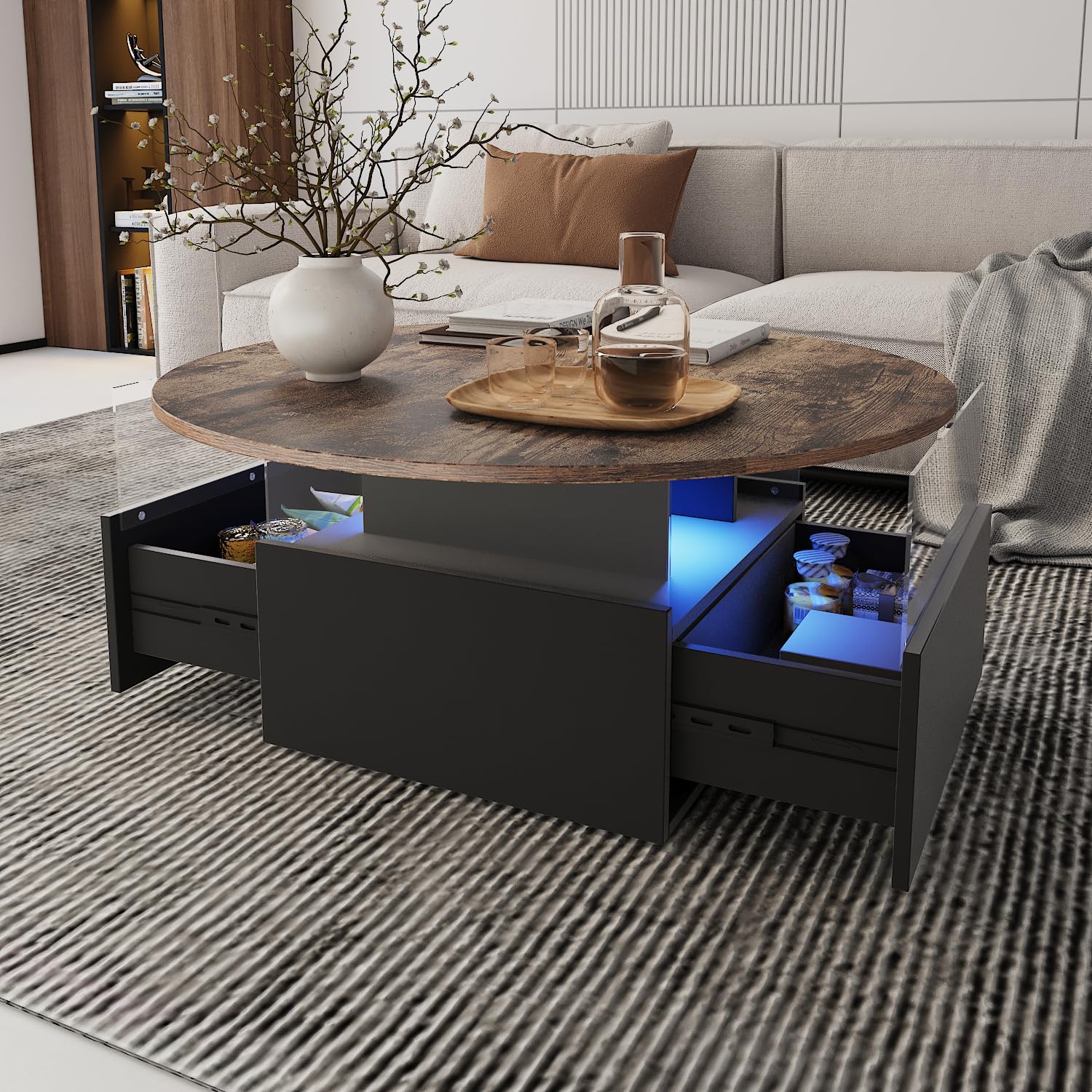 31.5" Round Coffee Table for Living Room, LED Modern Living Room Table with Storage, Square Acrylic Coffee Tables with 2 Sliding Drawers, Wood Center Table for Reception Dinning Room, White