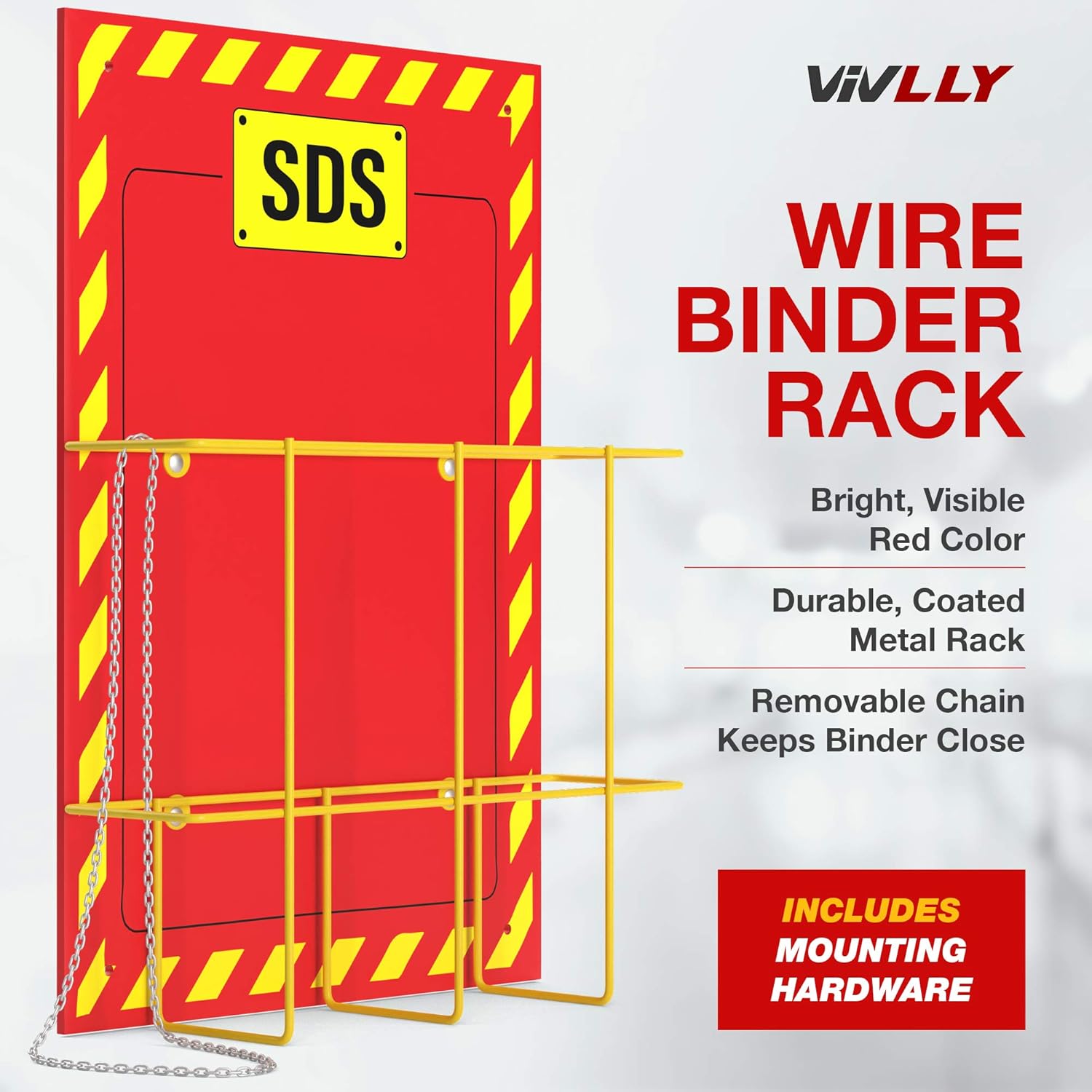MSDS Wall Station with 3” SDS Binder & Wire Rack, OSHA/GHS Safety Data Sheet Station, Bilingual Labels, Display Sign, Chain & Mounting Hardware