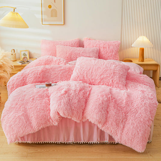 Fluffy Pink Faux Fur Comforter Cover Set，Fluffy Fuzzy Plush Pink Bedding 3Pcs (1 Faux Fur Duvet Cover +2 Fuzzy Pillowcases) Pink Fluffy Bed Set (Pink, Queen)