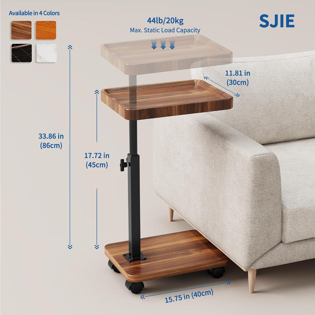 C Table End Table Adjustable Height, 360°Swivel TV Tray Table for Small Spaces, Side Tables with Wheels for Living Room and Bedroom, Bed (Walnut)
