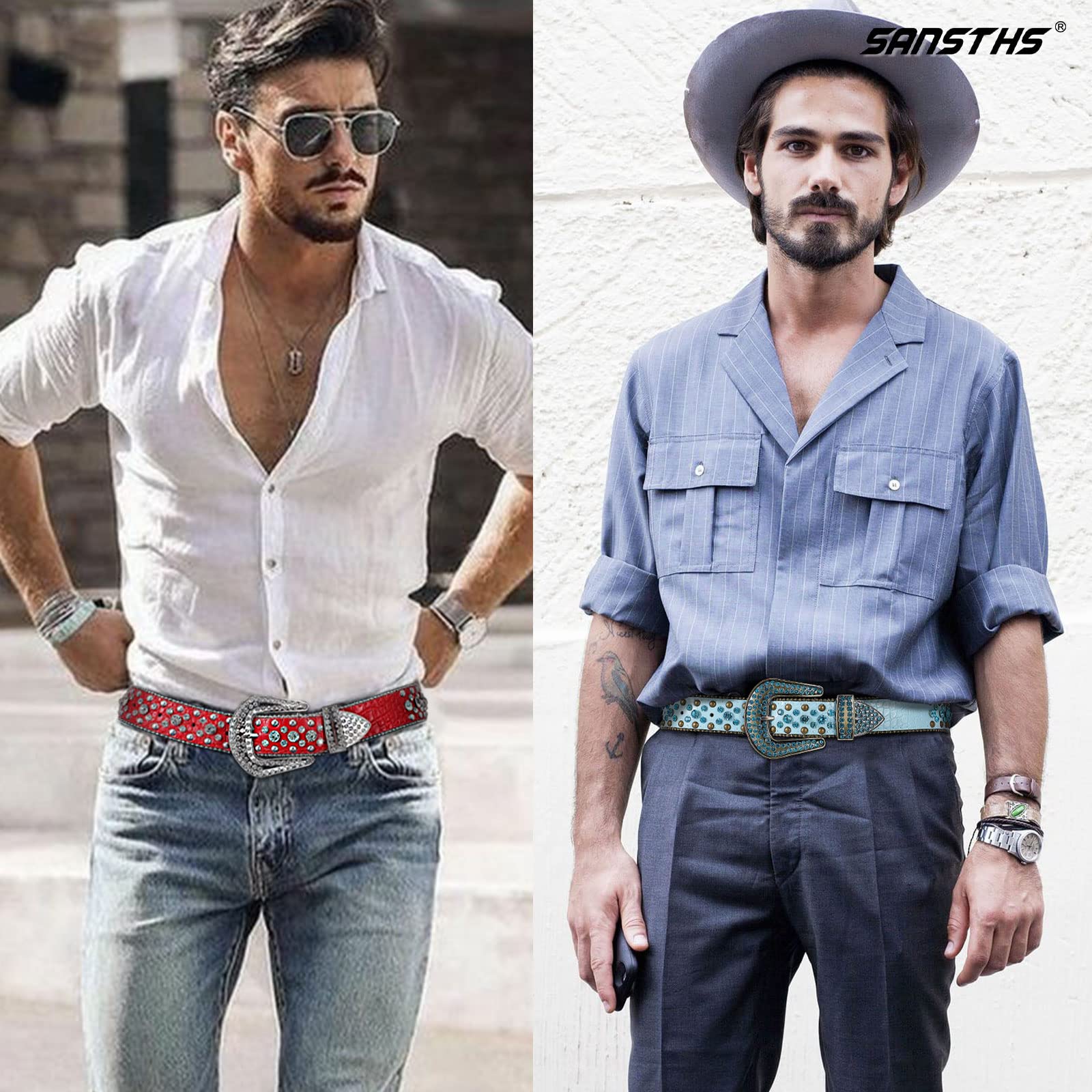 SANSTHS Women Rhinestone Belt for Jeans, Western Cowgirl Bling Studded Belt Faux Crocodile Grain Leather, Red S