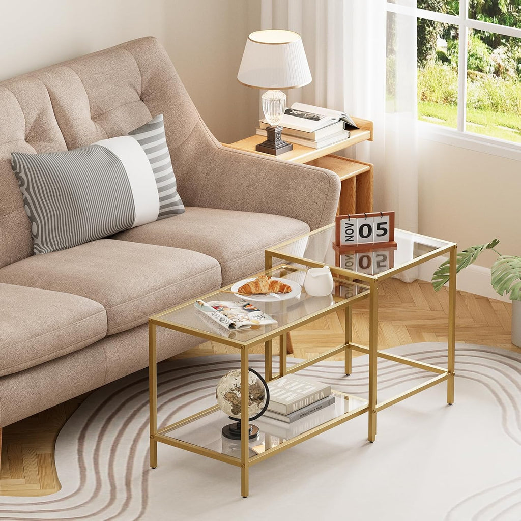 Nesting Coffee Table,Small Glass Coffee Table Set of 2,Black Modern Center Sofa Side Tea Table for Living Room,Bedroom and Small Spaces,2 Tier Tempered Glass, Easy Assembly,Gold